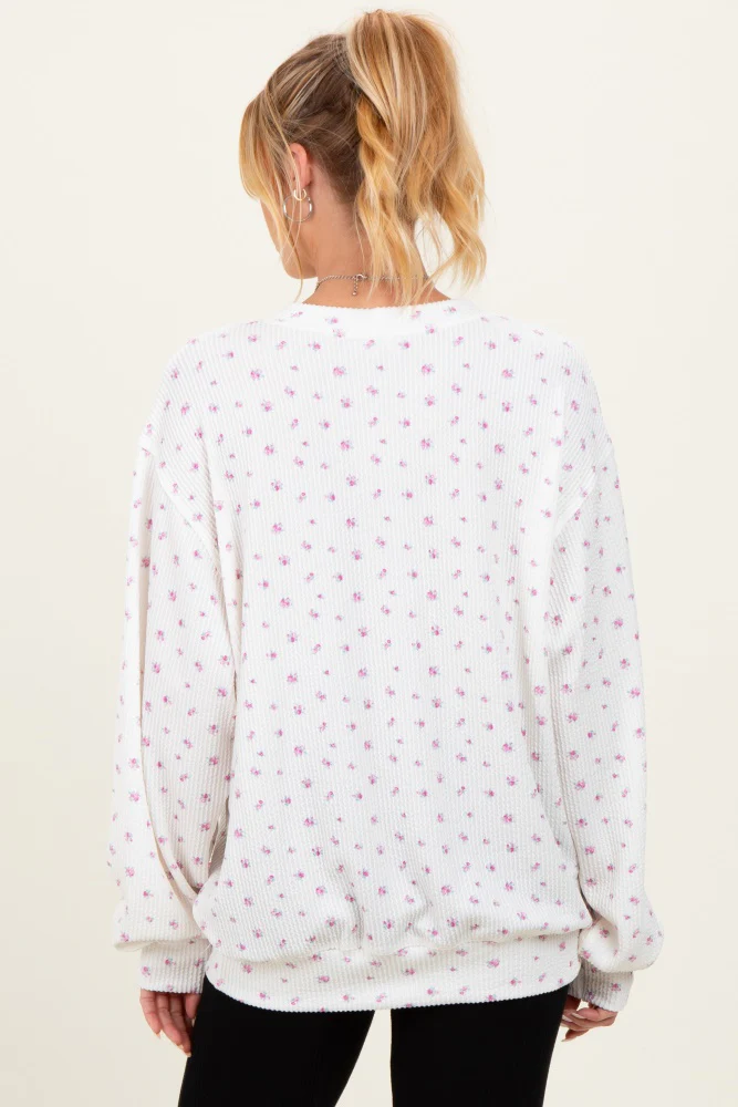 Magenta Floral Waffle Knit Oversized Maternity Long Sleeve Top - Image 4