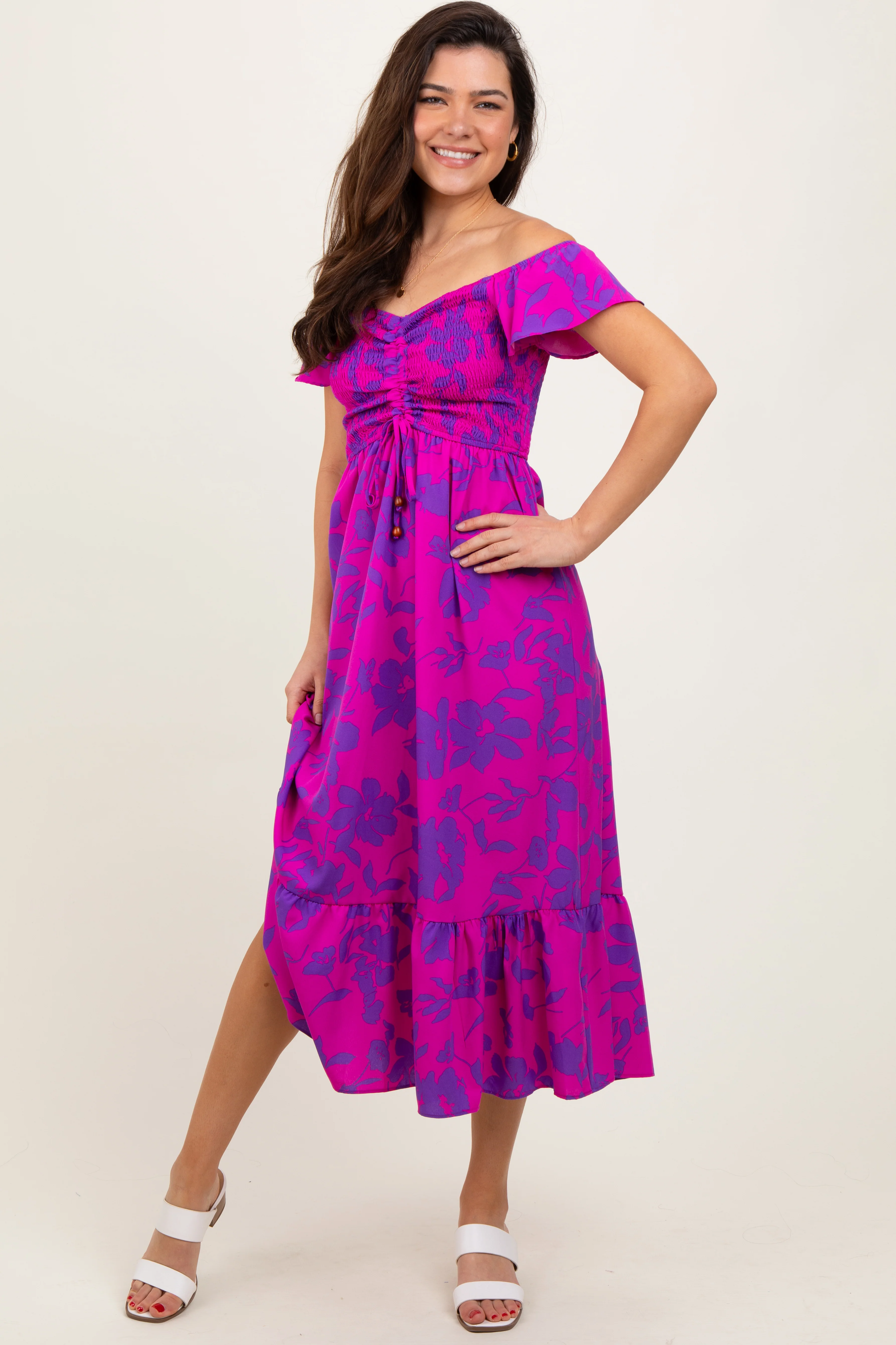 Magenta Multi Smocked Top Maternity Maxi Dress - Image 4