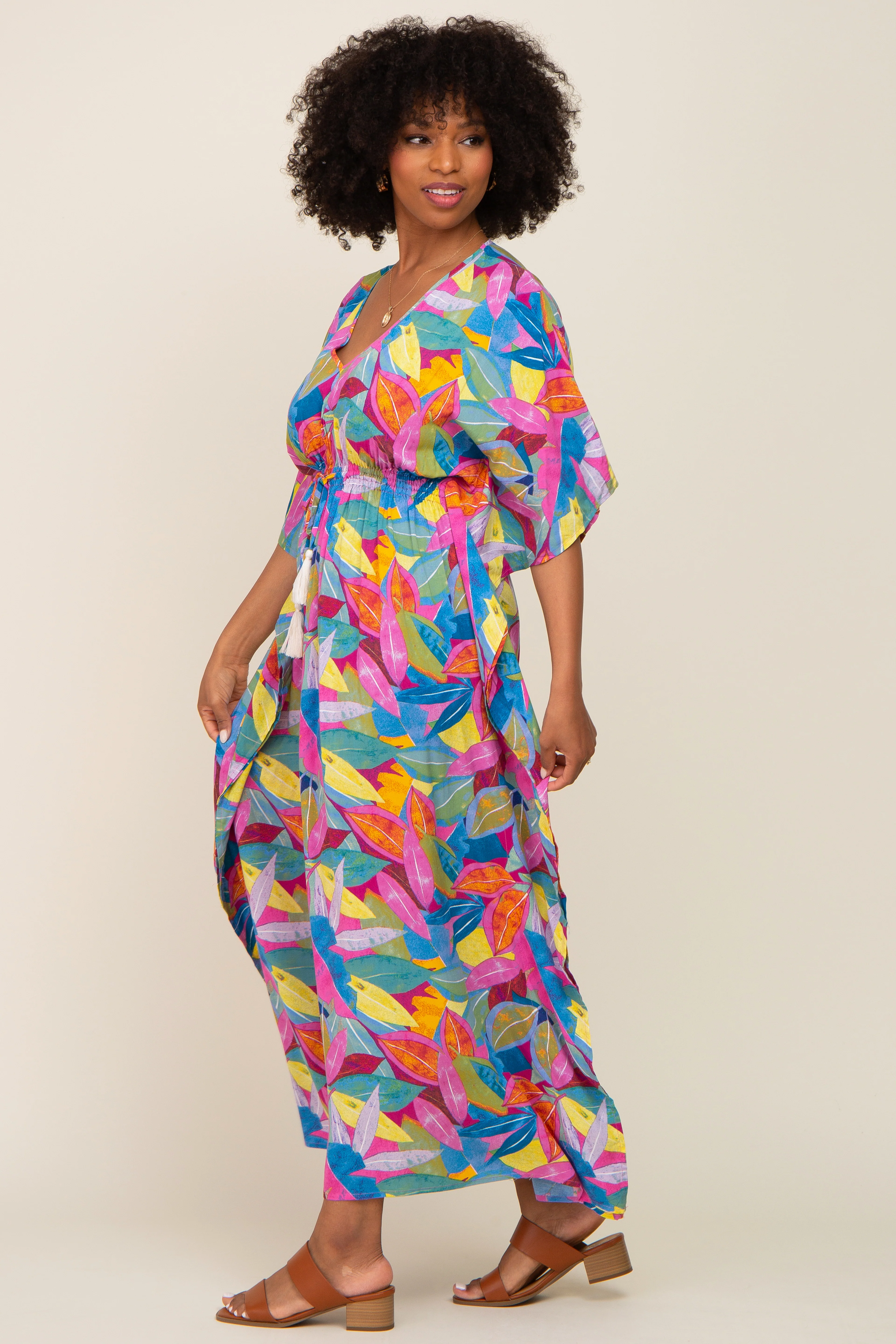 Magenta Multicolor Leaf Pint Tassel Tie Maxi Dress - Image 2