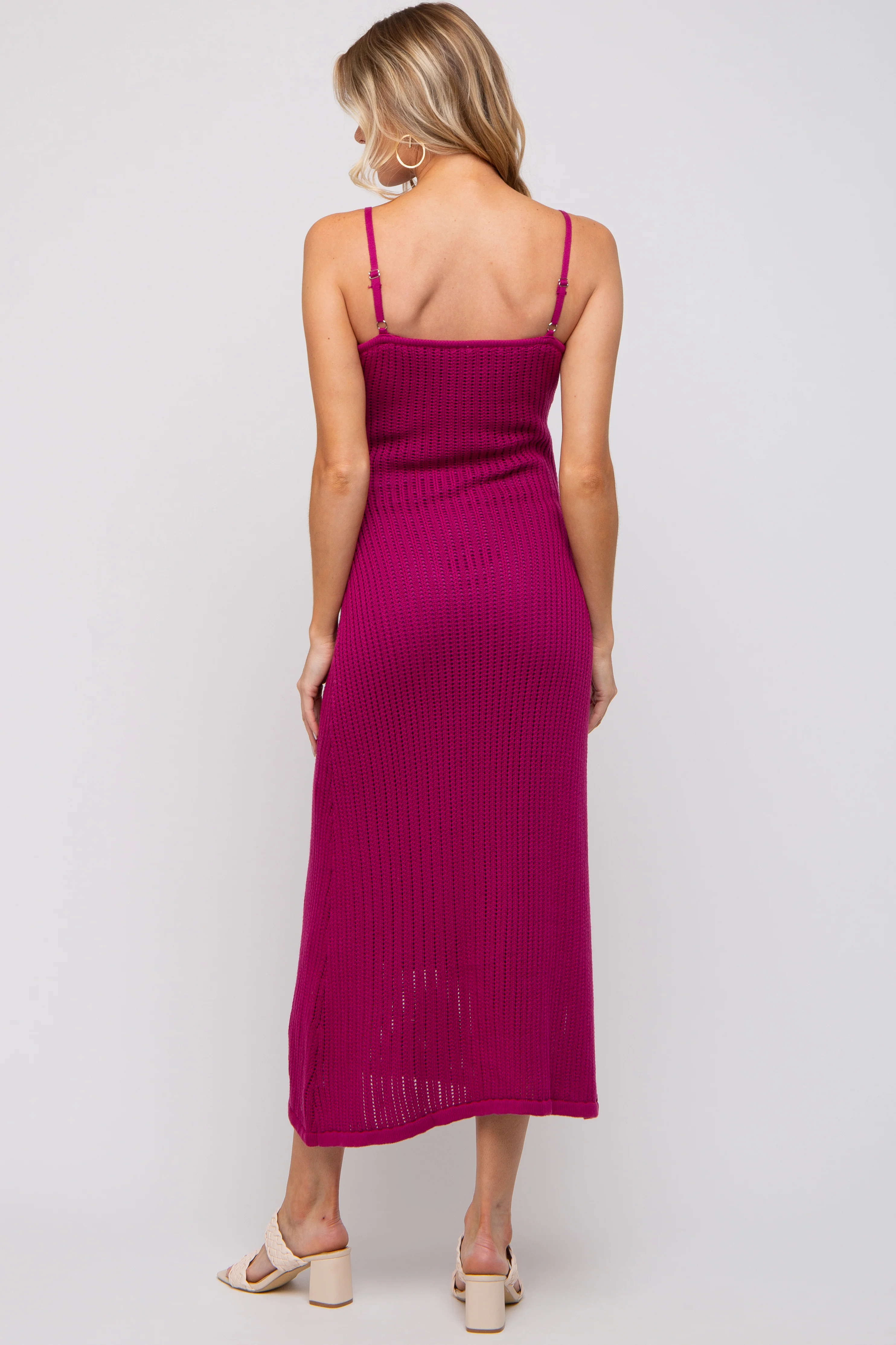 Magenta Open Knit Crochet Maternity Midi Dress - Image 4