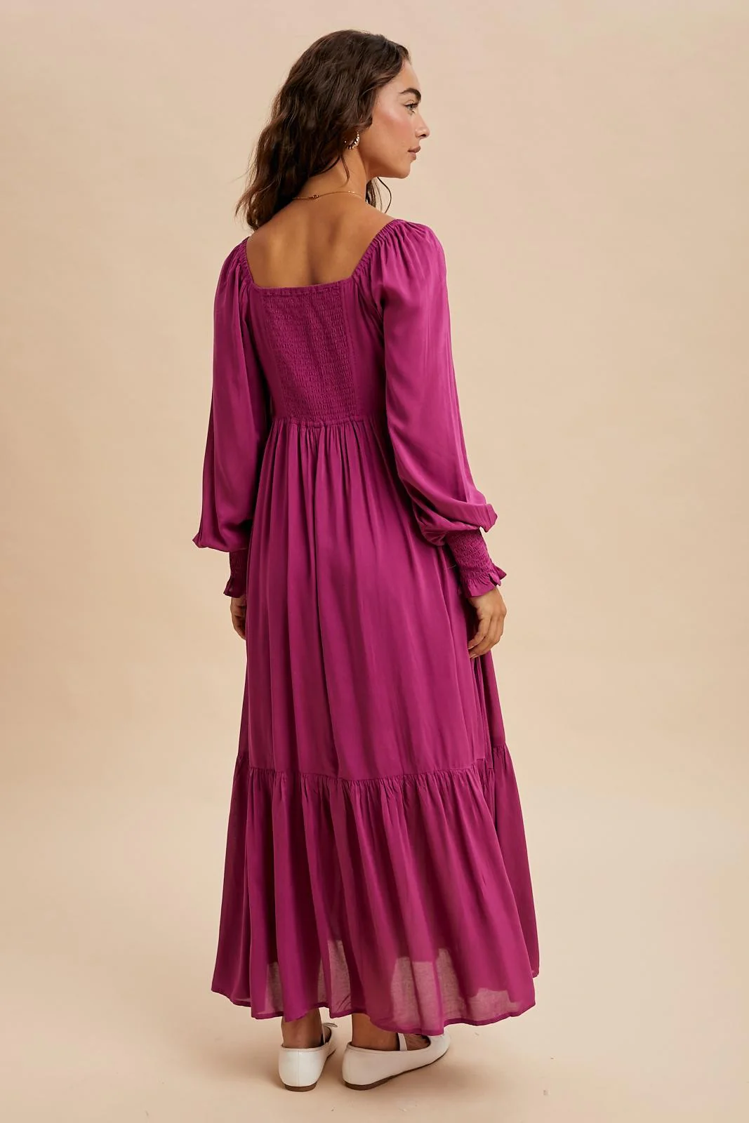 Magenta Pleated Bodice Long Sleeve Maxi Dress - Image 3