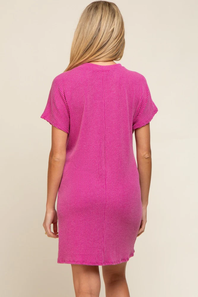 Magenta Ribbed Front Pocket Dolman Short Sleeve Maternity Dress - Image 4