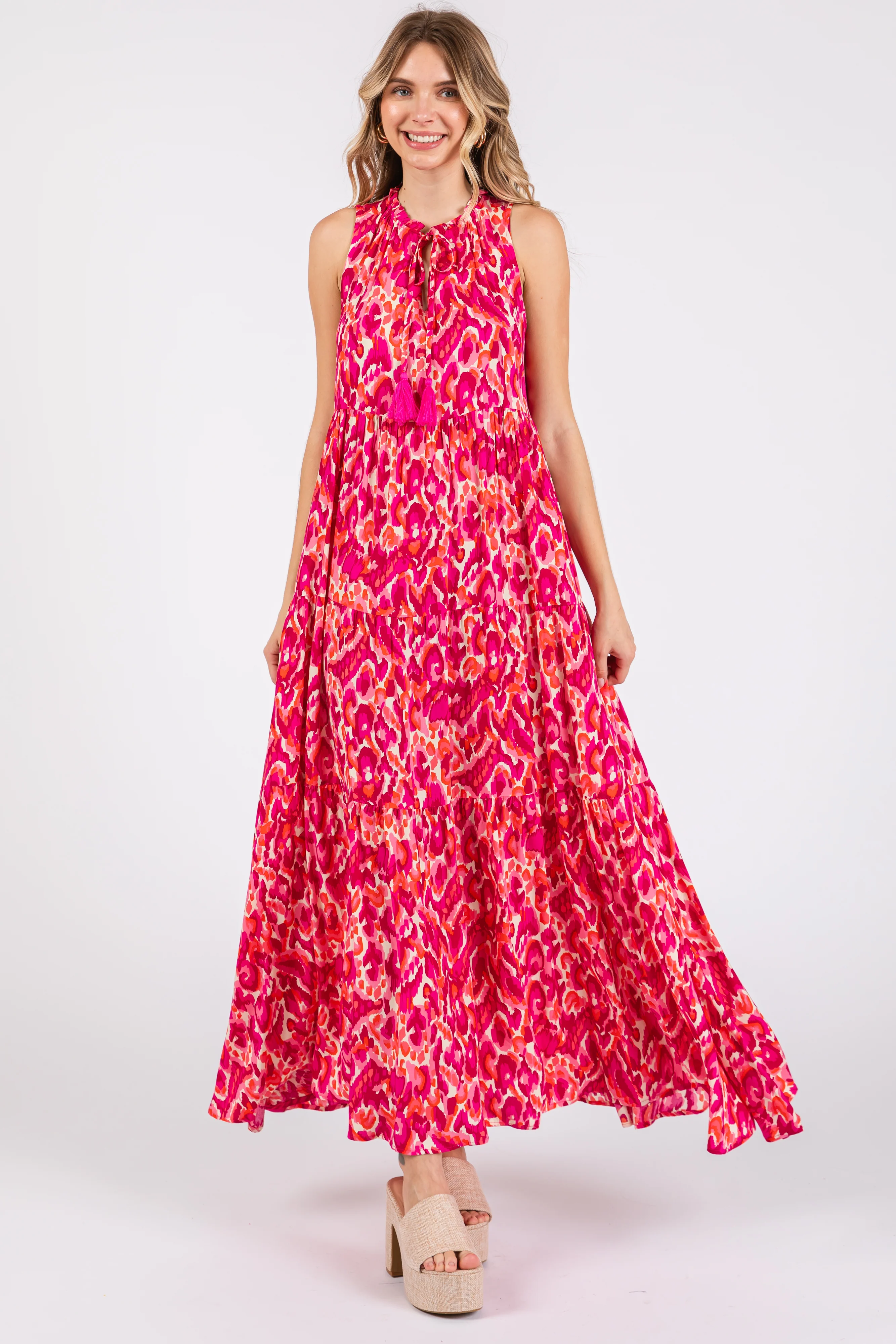 Magenta Sleeveless V-Neck Ruffle Neck Tiered Maternity Maxi Dress - Image 5