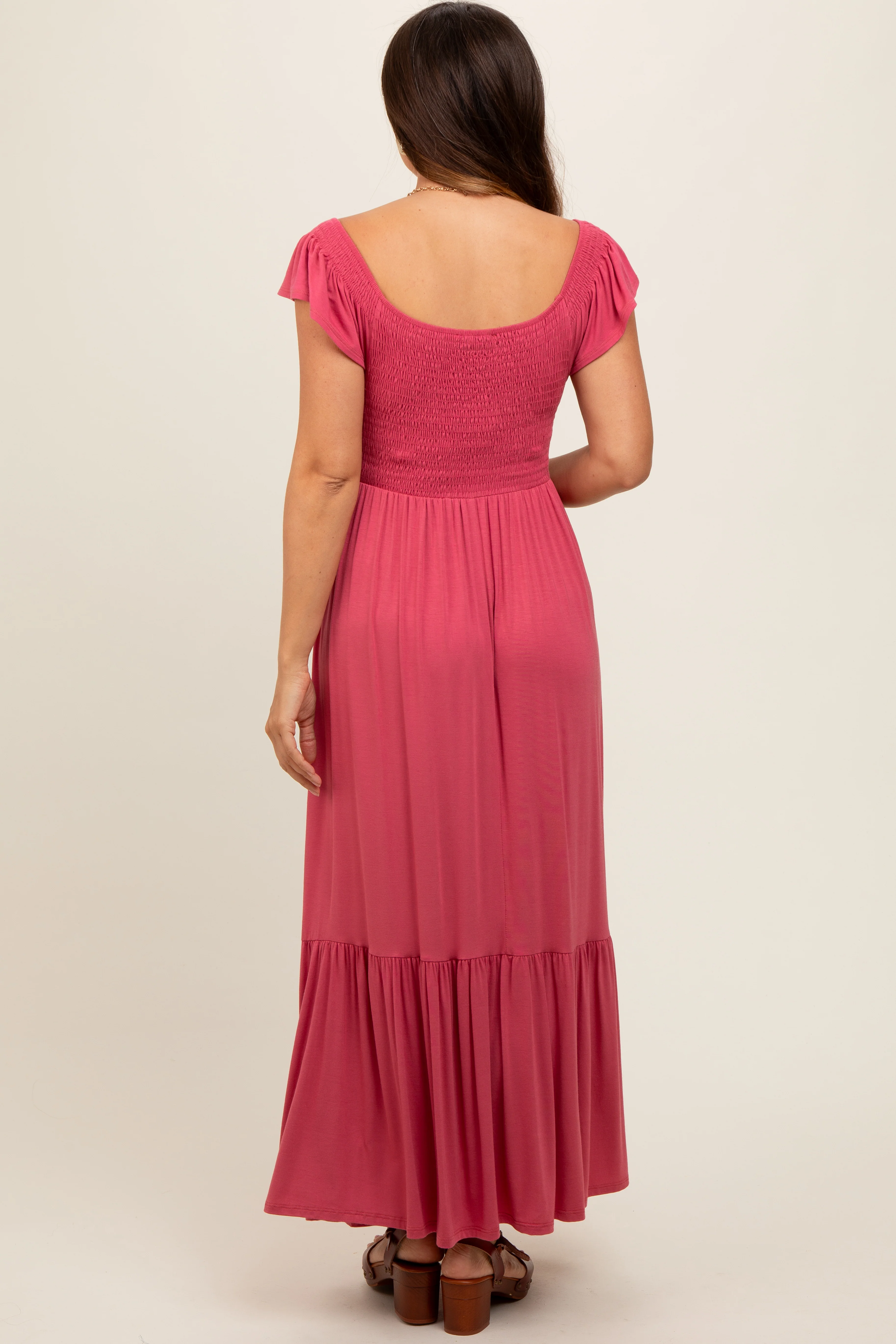 Magenta Smocked Ruffle Hem Maternity Maxi Dress - Image 2