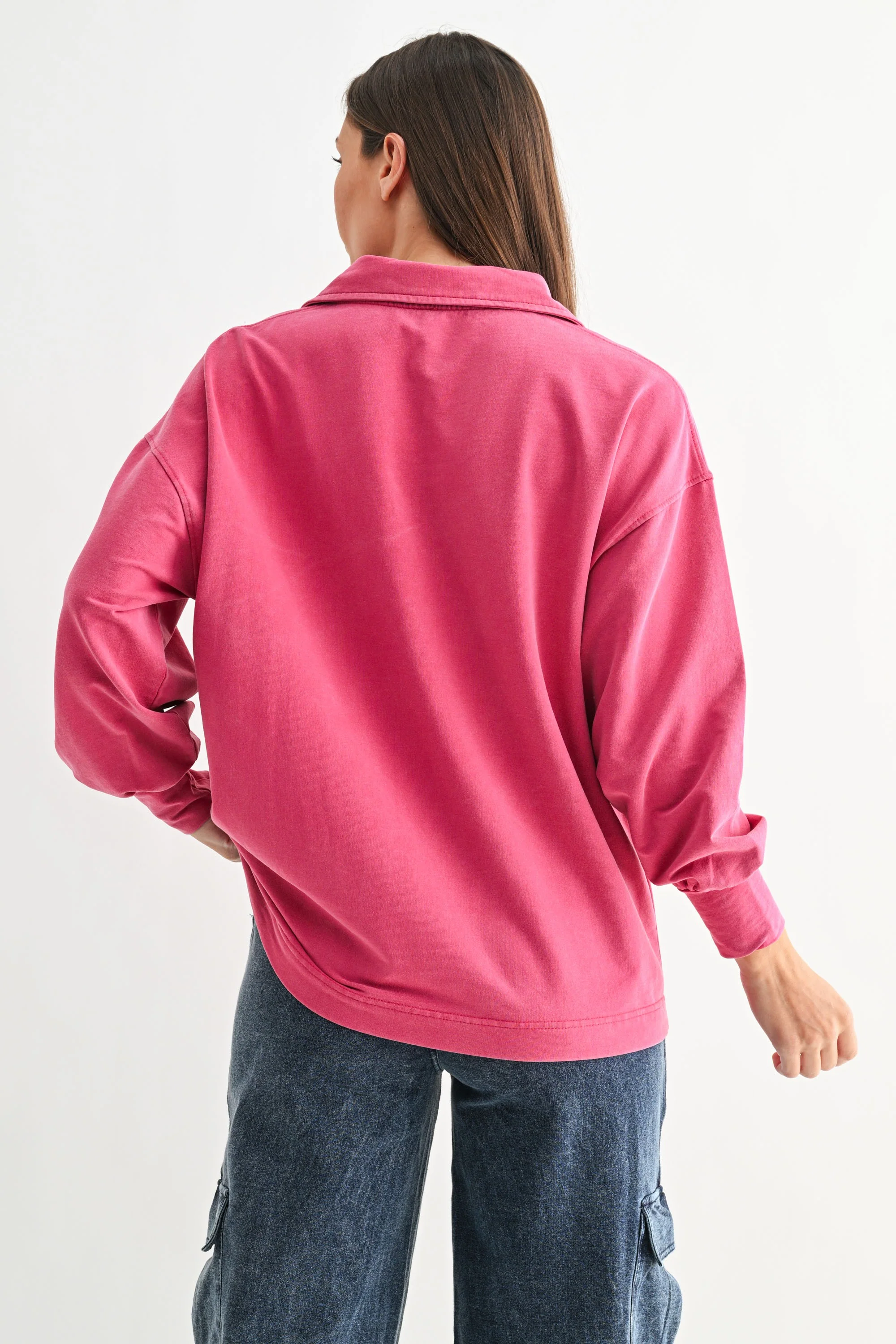 Magenta Sunfade Cotton Collared Long Sleeve Top - Image 3