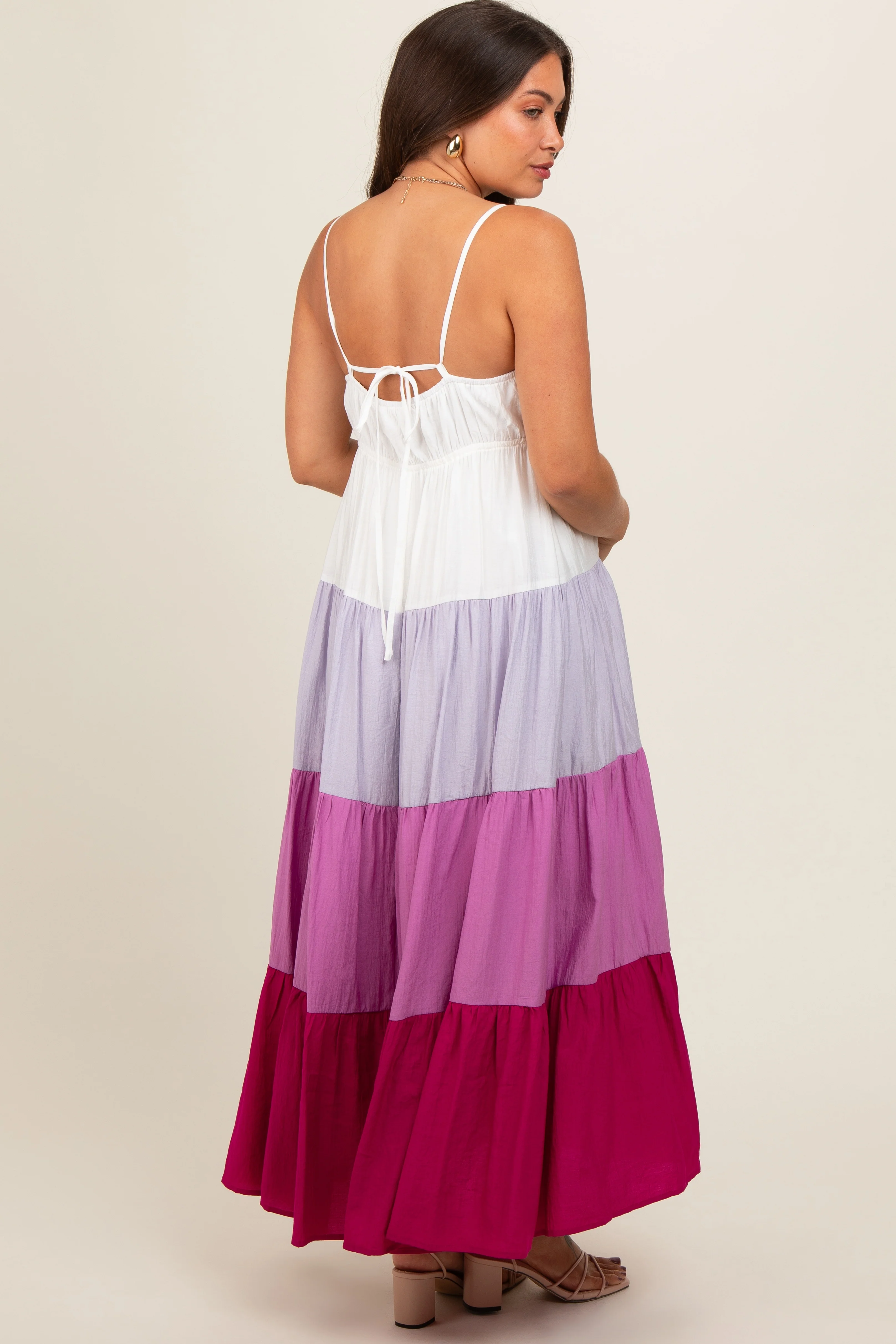 Magenta V-Neck Tiered Color Block Maternity Midi Dress - Image 4