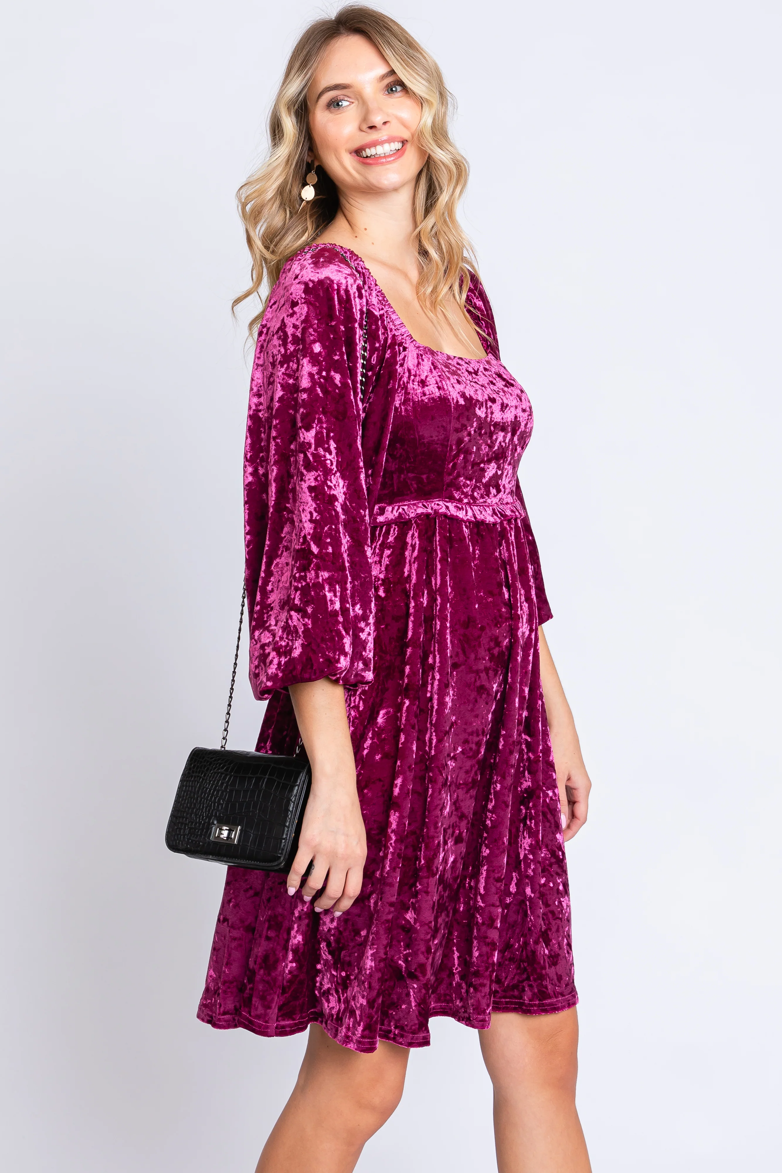 Magenta Velour Square Neck Dress - Image 3