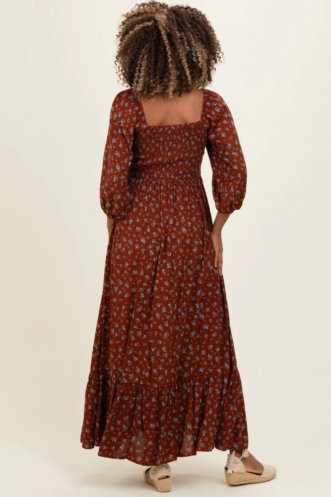 Mahogany Floral Smocked Button Accent Maternity Maxi Dress - Image 3