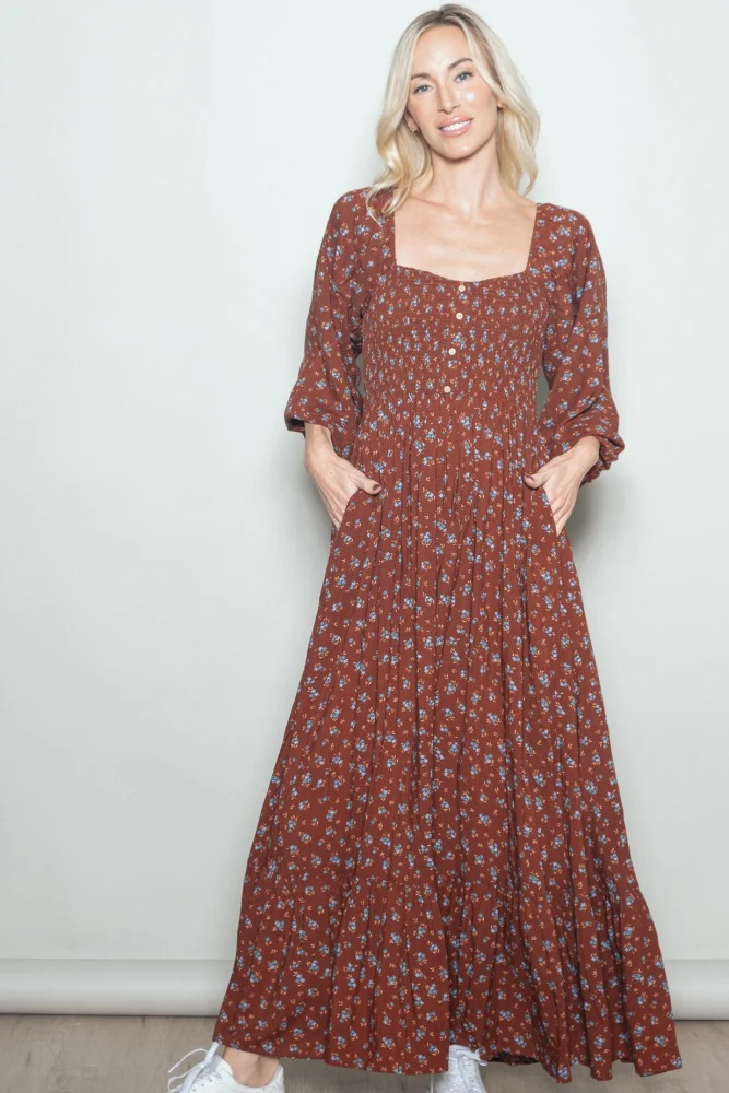 Mahogany Floral Smocked Button Accent Maternity Maxi Dress - Image 4