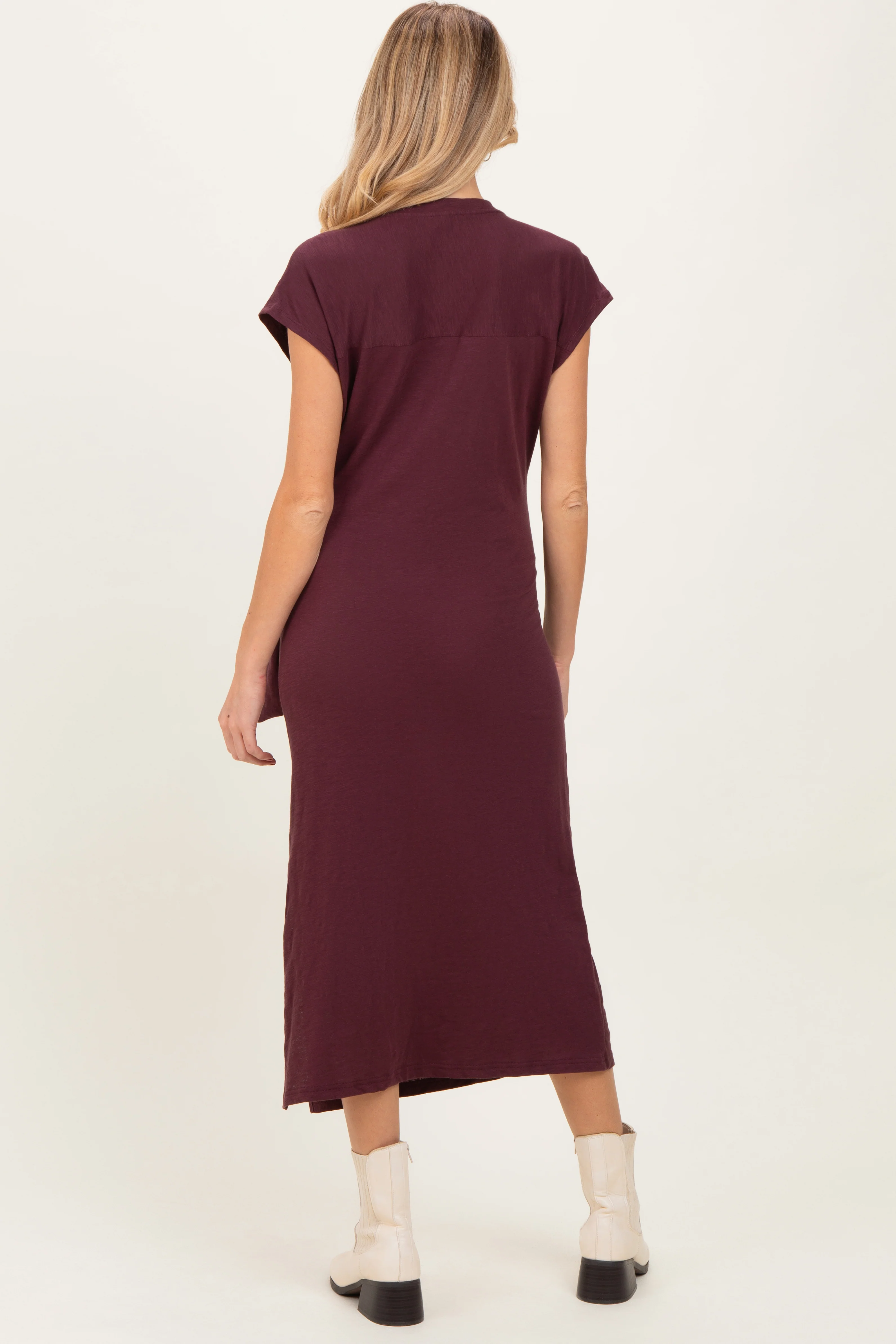 Maroon Side Tie Side Slit Maternity Midi Dress - Image 3