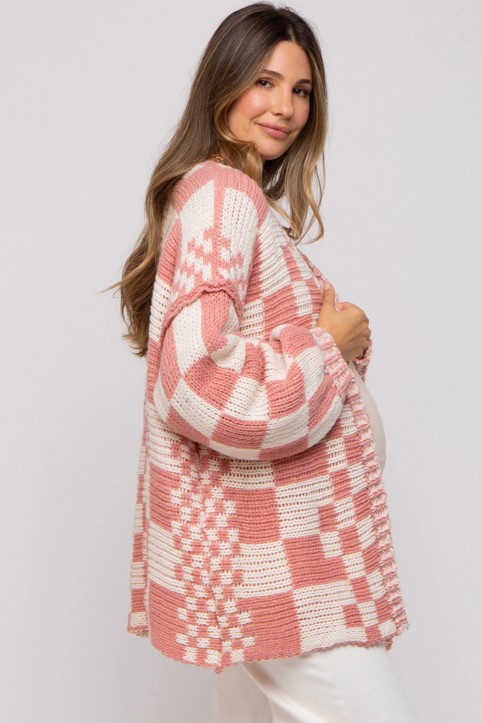 Mauve Checkered Oversized Chunky Knit Maternity Cardigan - Image 3
