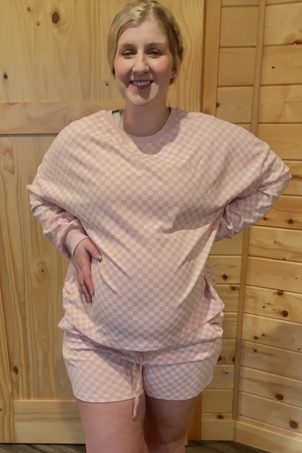 Mauve Checkered Plaid Pullover Shorts Maternity Set - Image 5