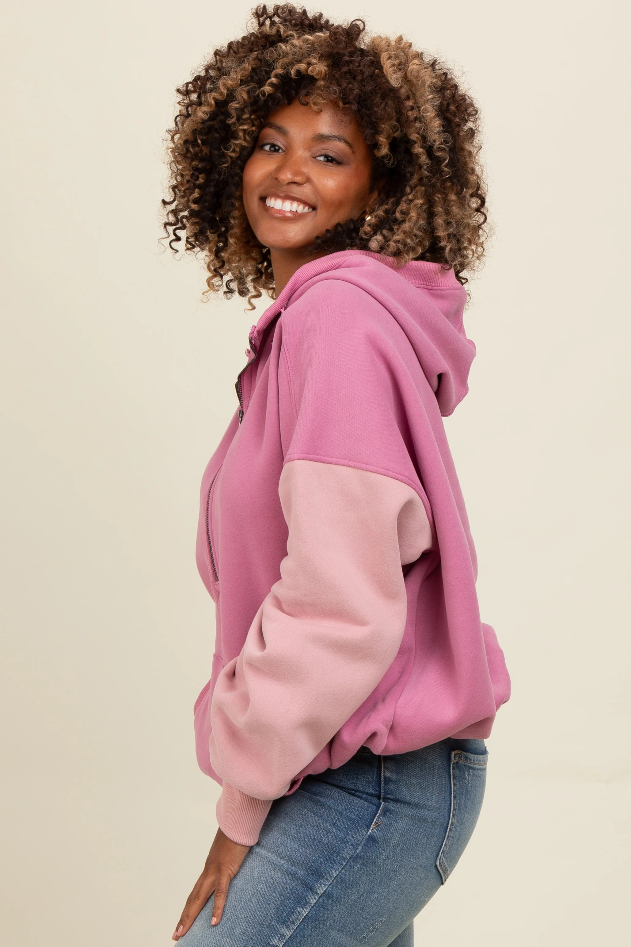 Mauve Colorblock Half Zip Hoodie - Image 3