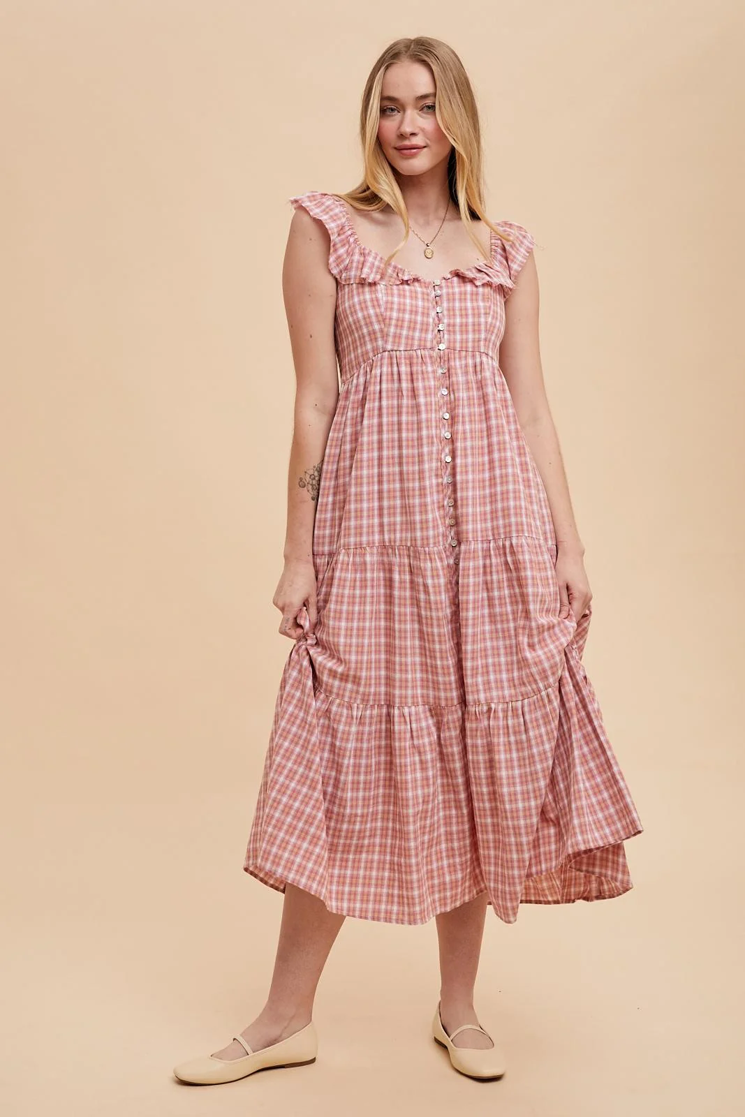 Mauve Cotton Plaid Maxi Dress