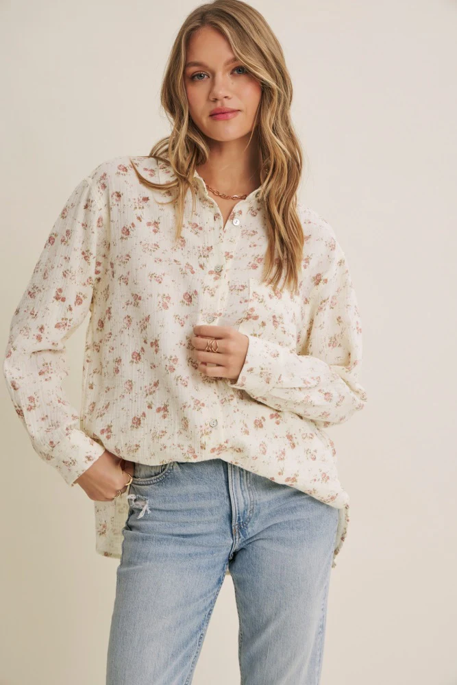 Mauve Floral Cotton Gauze Oversized Button-Down Maternity Shirt - Image 5