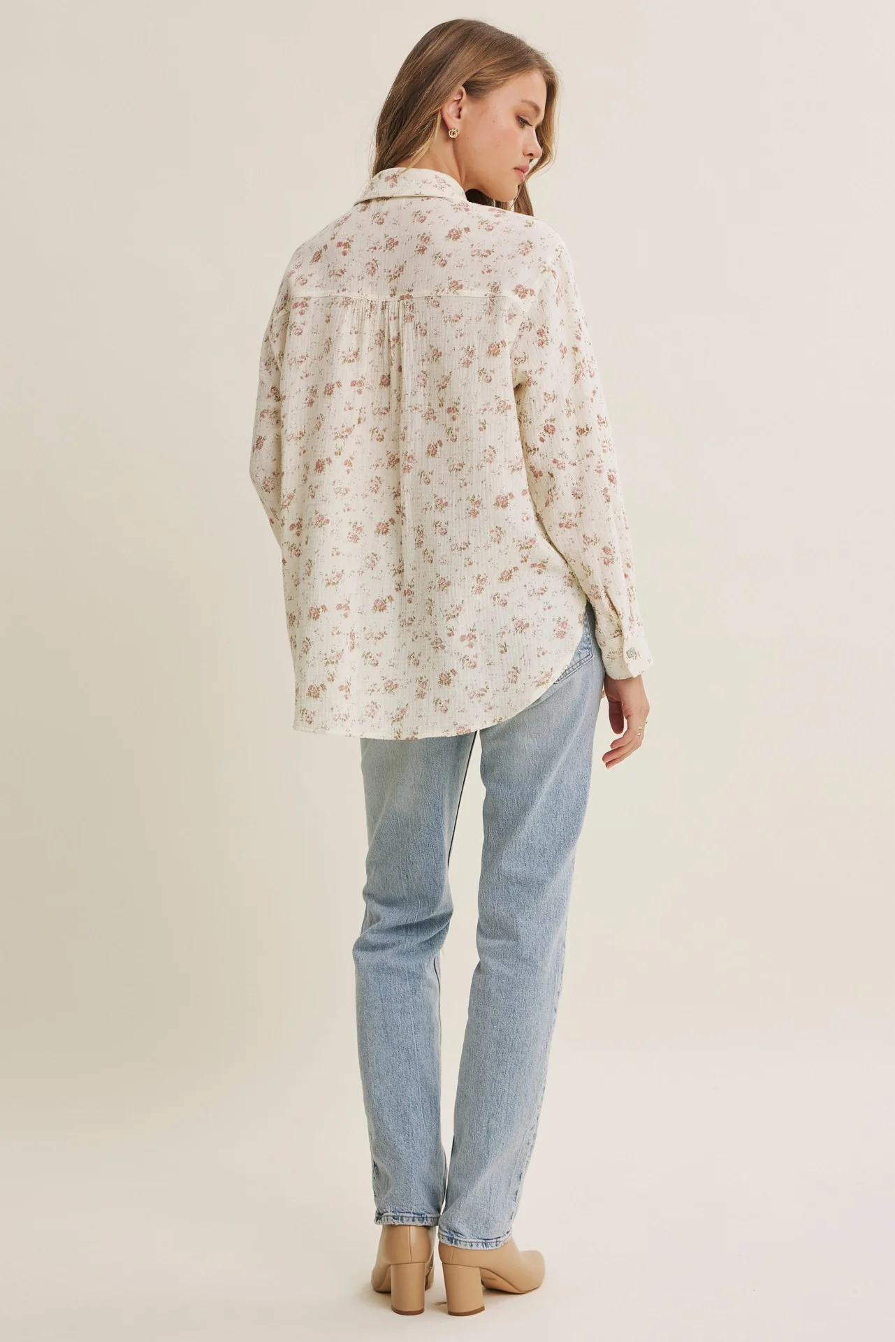Mauve Floral Cotton Gauze Oversized Button-Down Shirt - Image 5