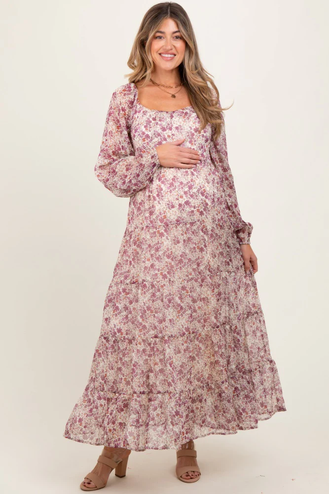 Mauve Floral Floral Chiffon Maternity Maxi Dress - Image 2
