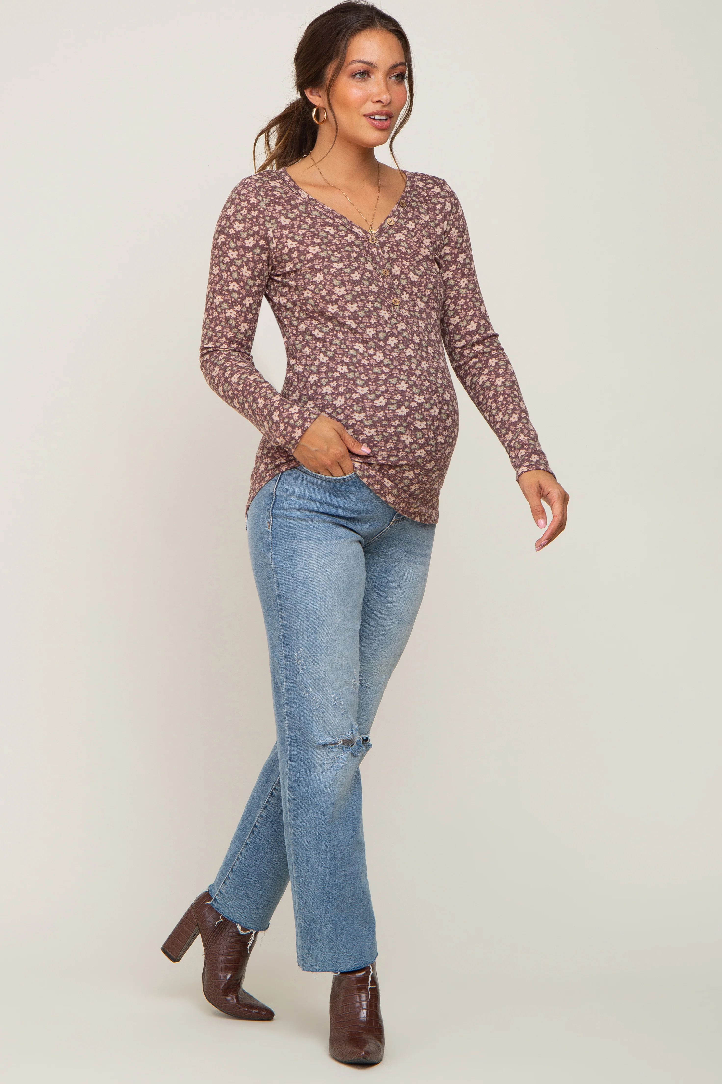Mauve Floral Maternity Henley Top - Image 4