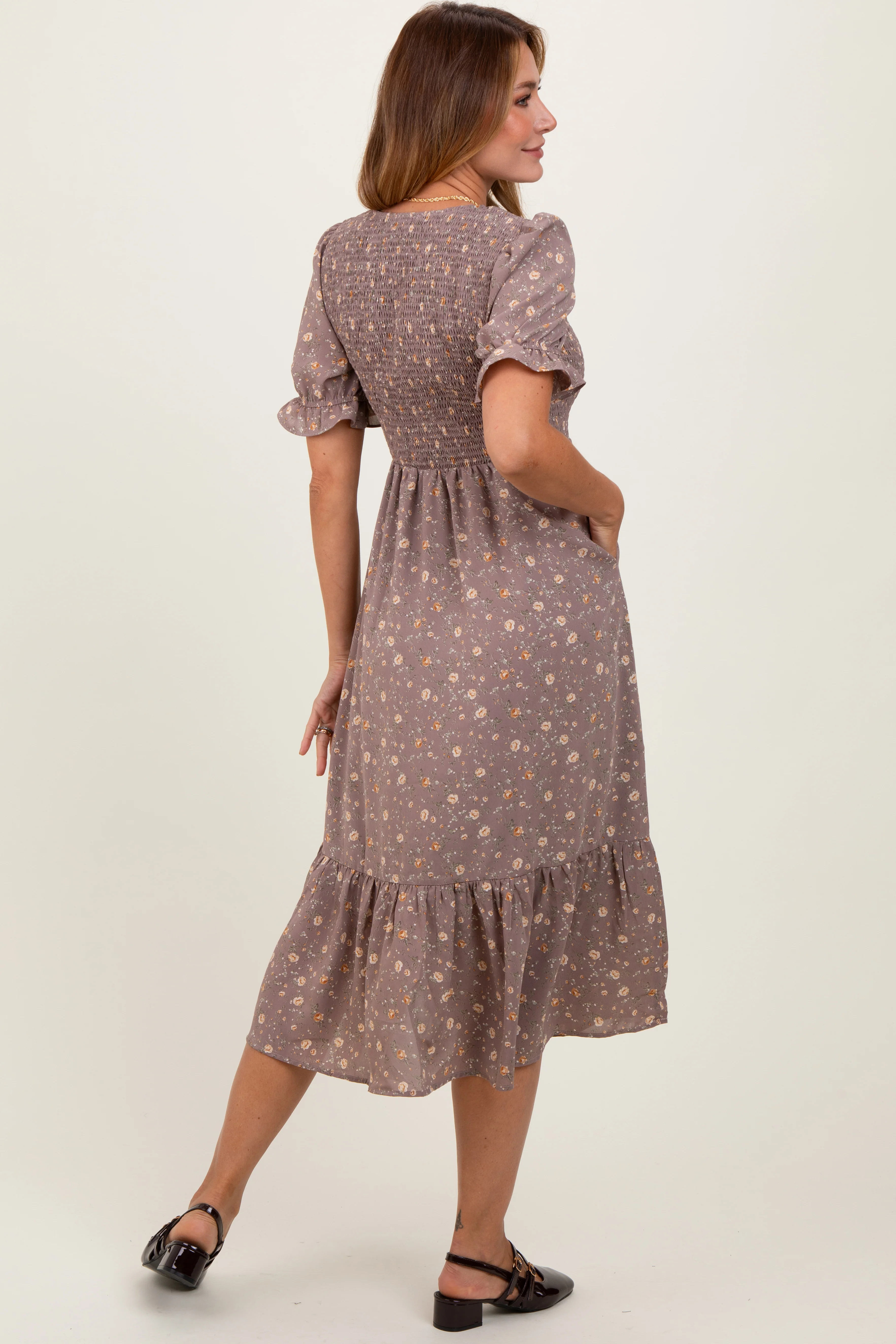 Mauve Floral Print Smocked Ruffle Hem Midi Dress - Image 4