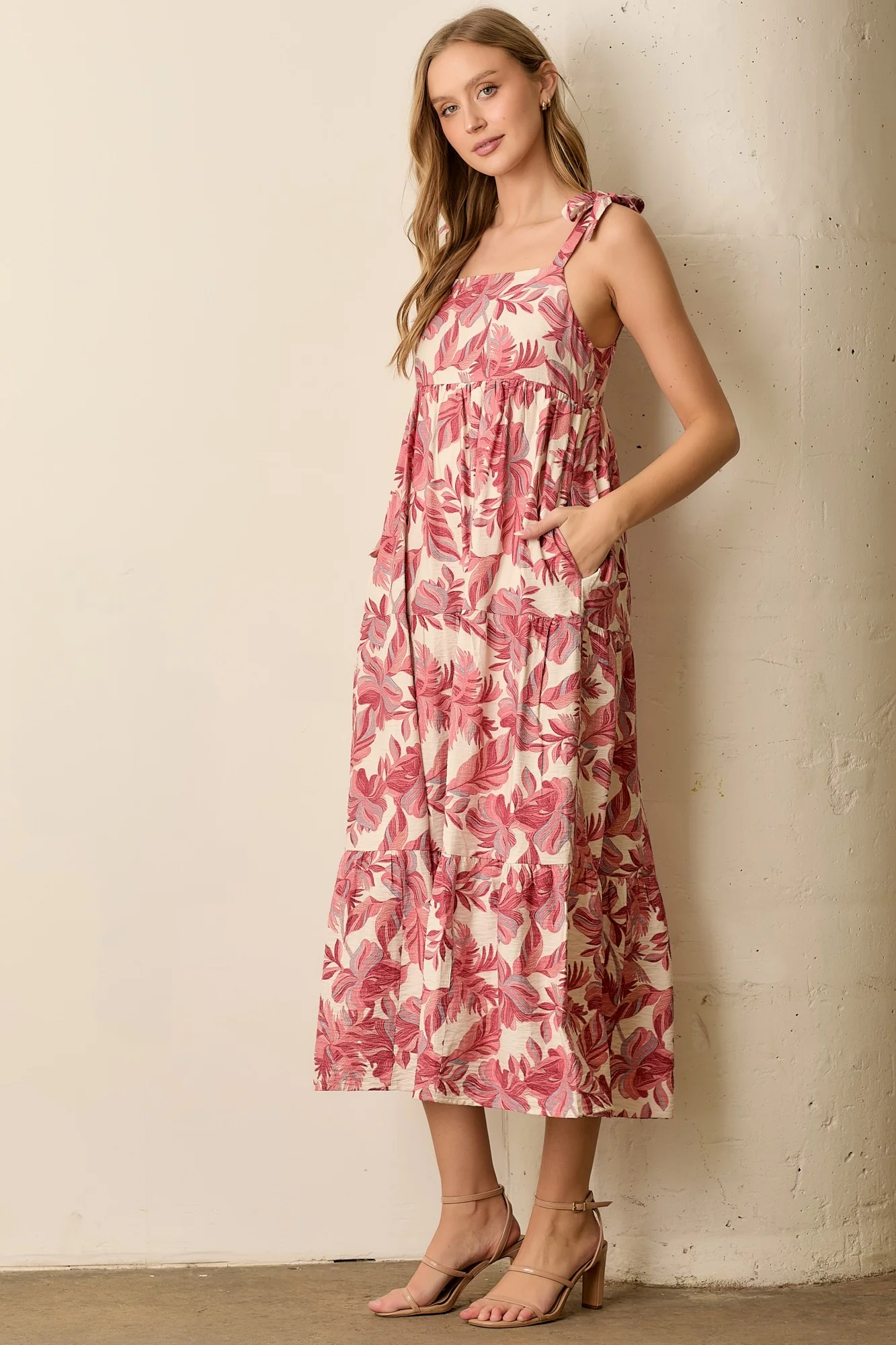 Mauve Floral Shoulder Tie Midi Dress - Image 3