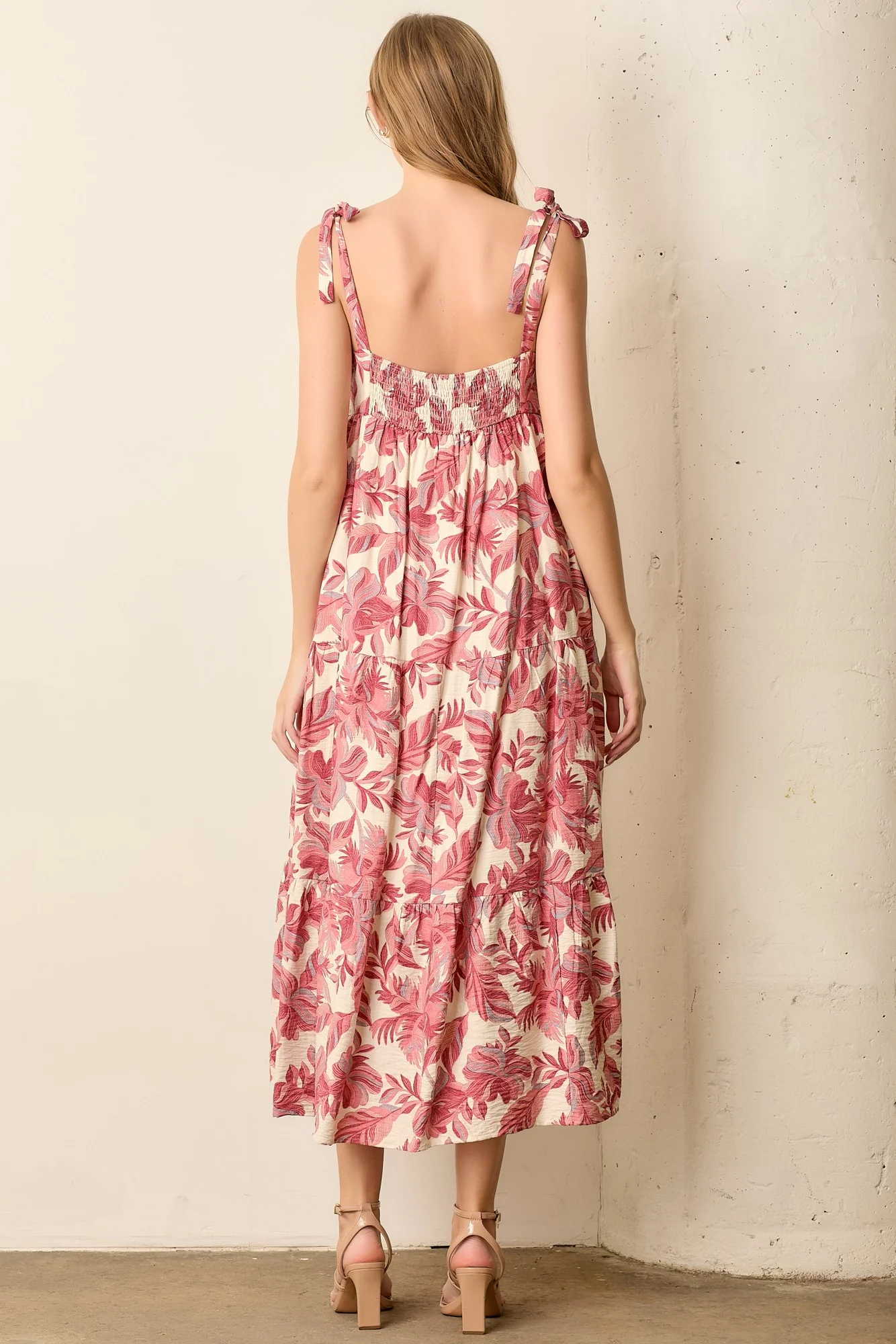 Mauve Floral Shoulder Tie Midi Dress - Image 4