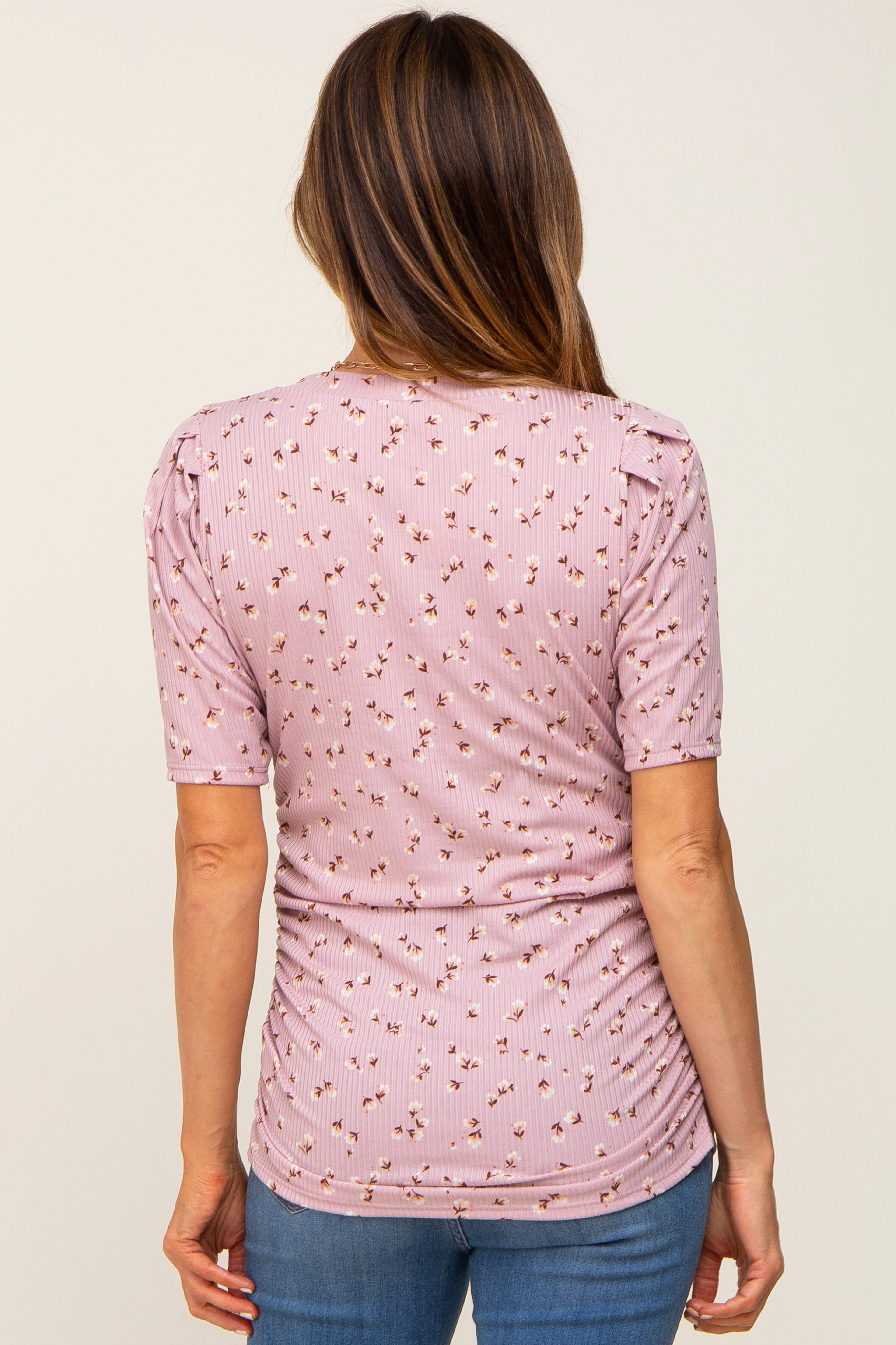 Mauve Floral Side Ruched Short Sleeve Top - Image 3