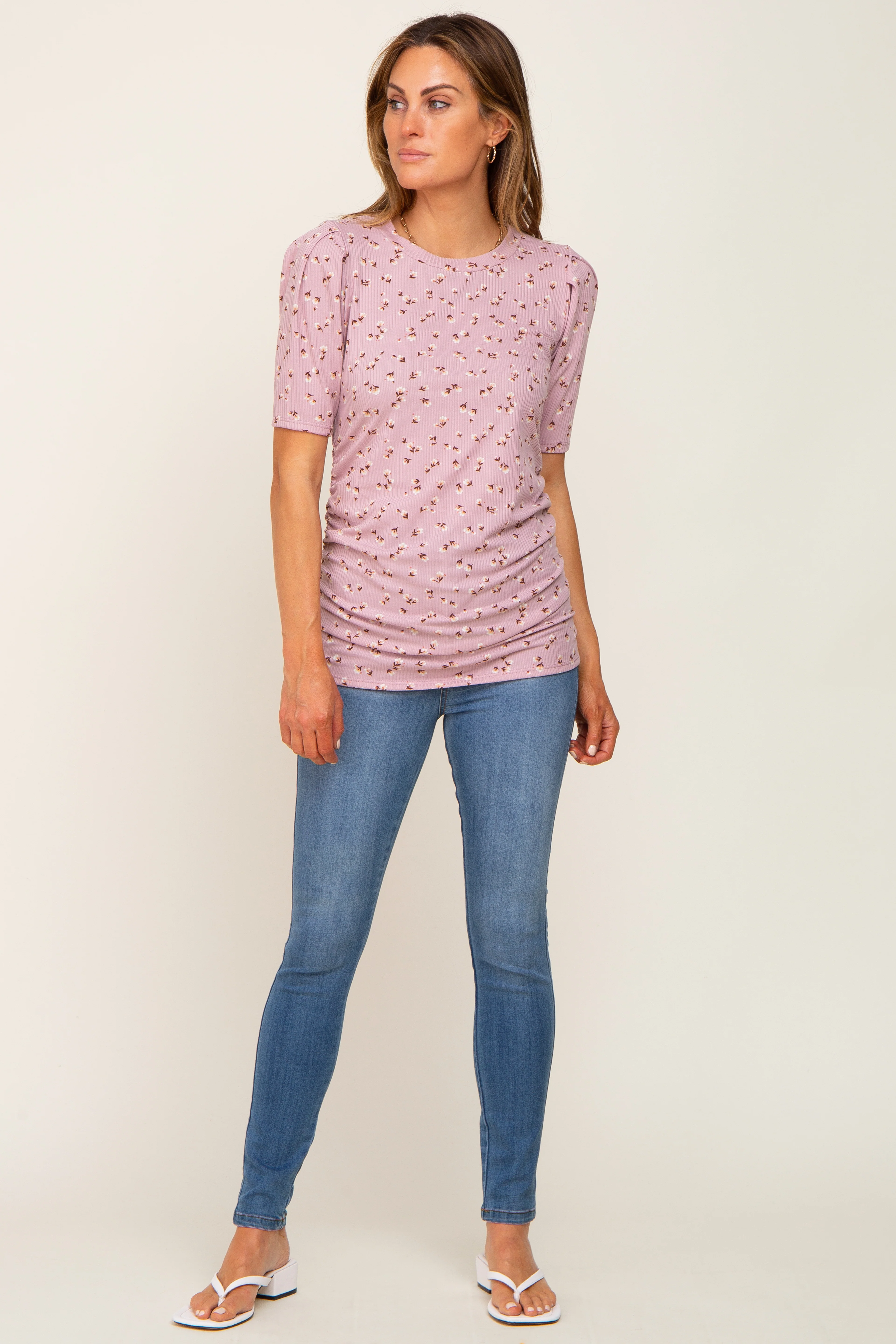 Mauve Floral Side Ruched Short Sleeve Top - Image 4