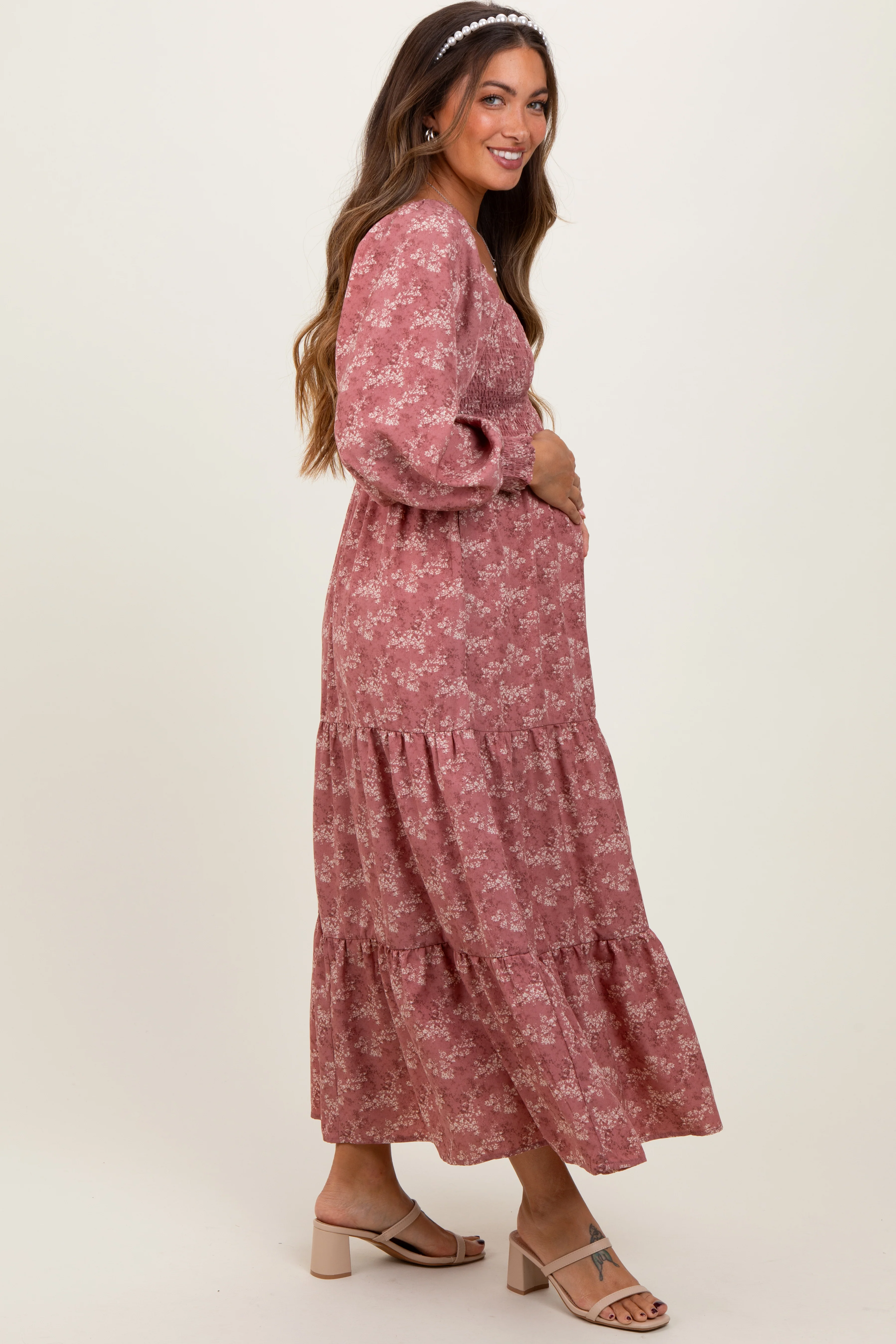 Mauve Floral Smocked Square Neck Maternity Maxi Dress - Image 3