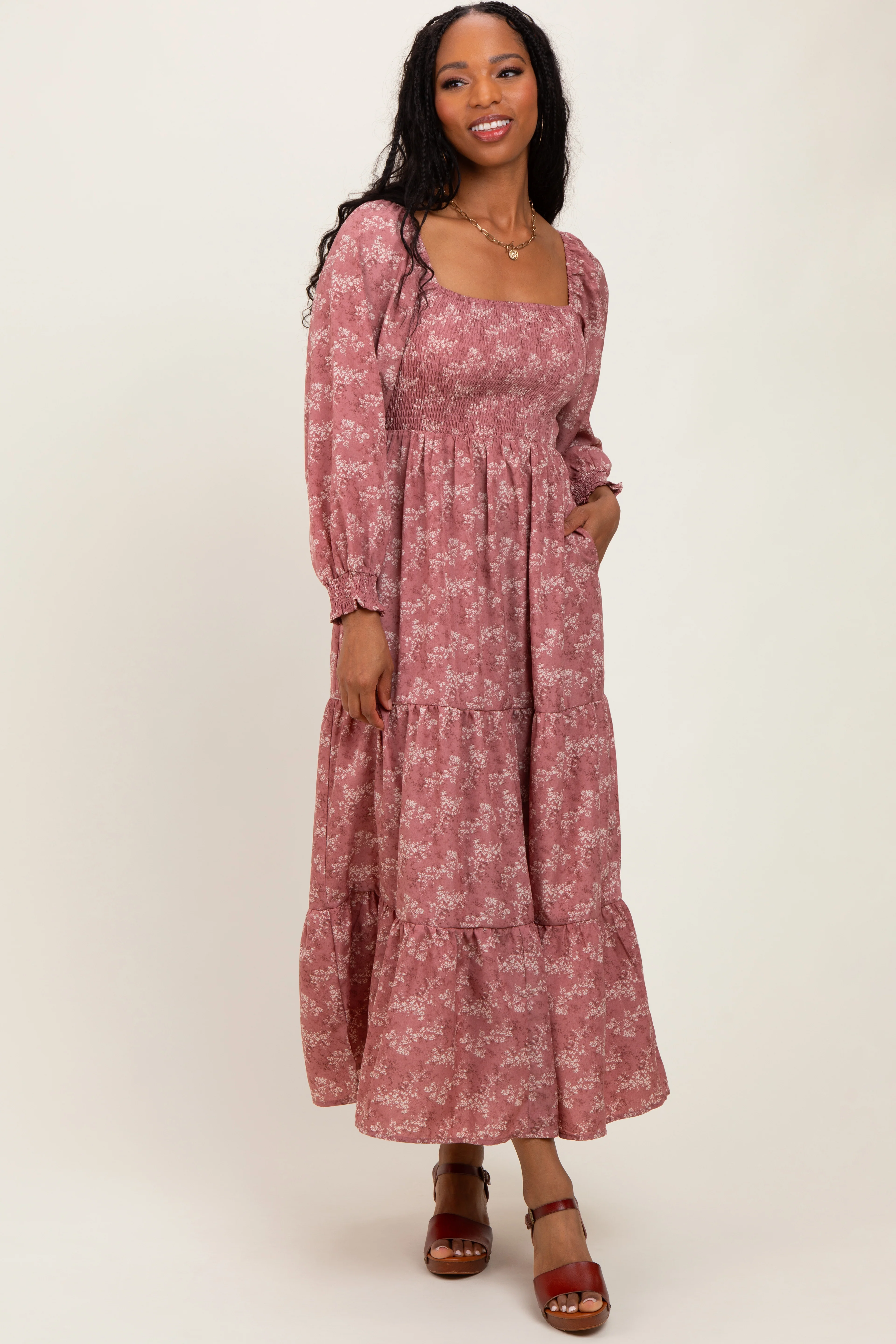 Mauve Floral Smocked Square Neck Maternity Maxi Dress - Image 5