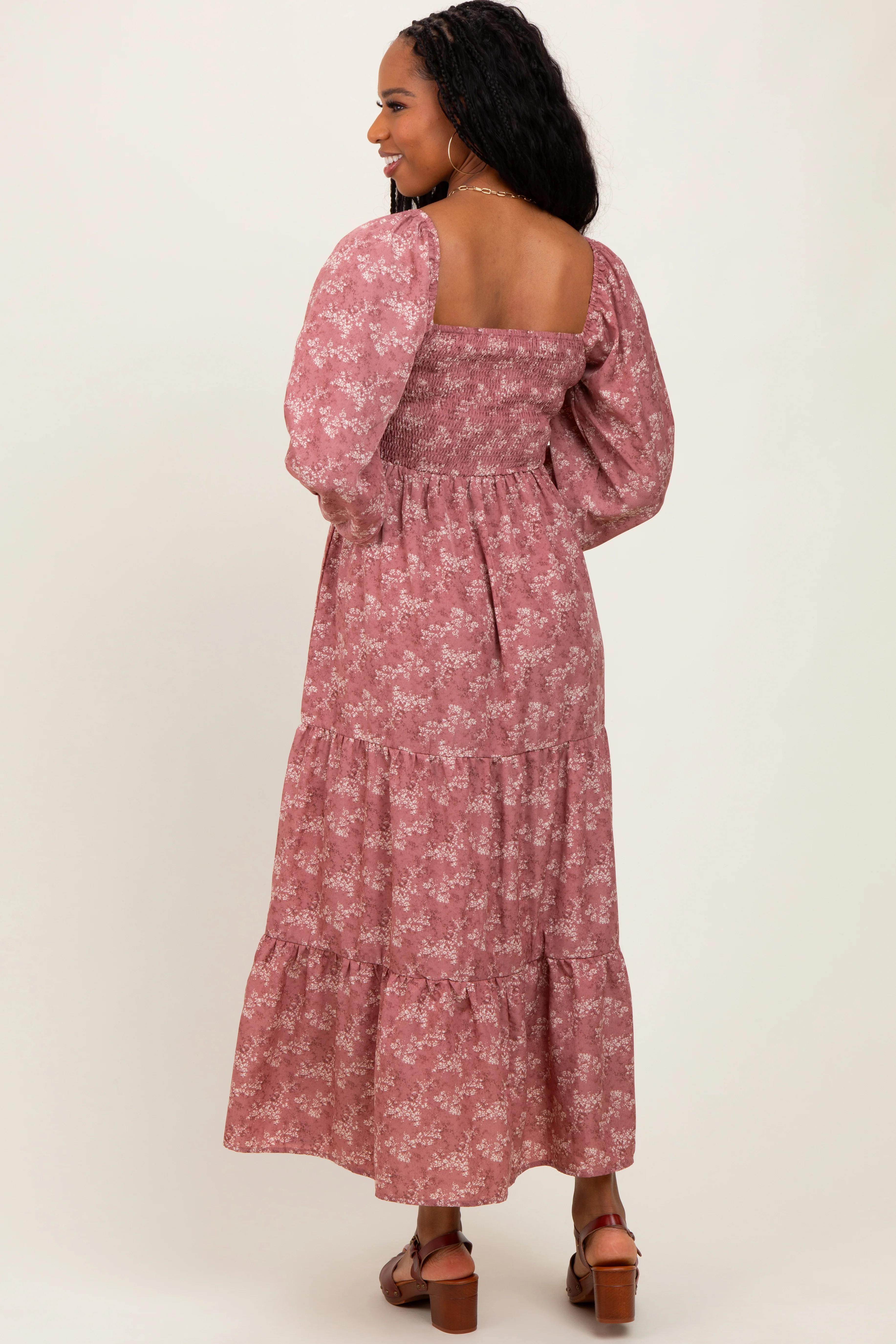 Mauve Floral Smocked Square Neck Maxi Dress - Image 4