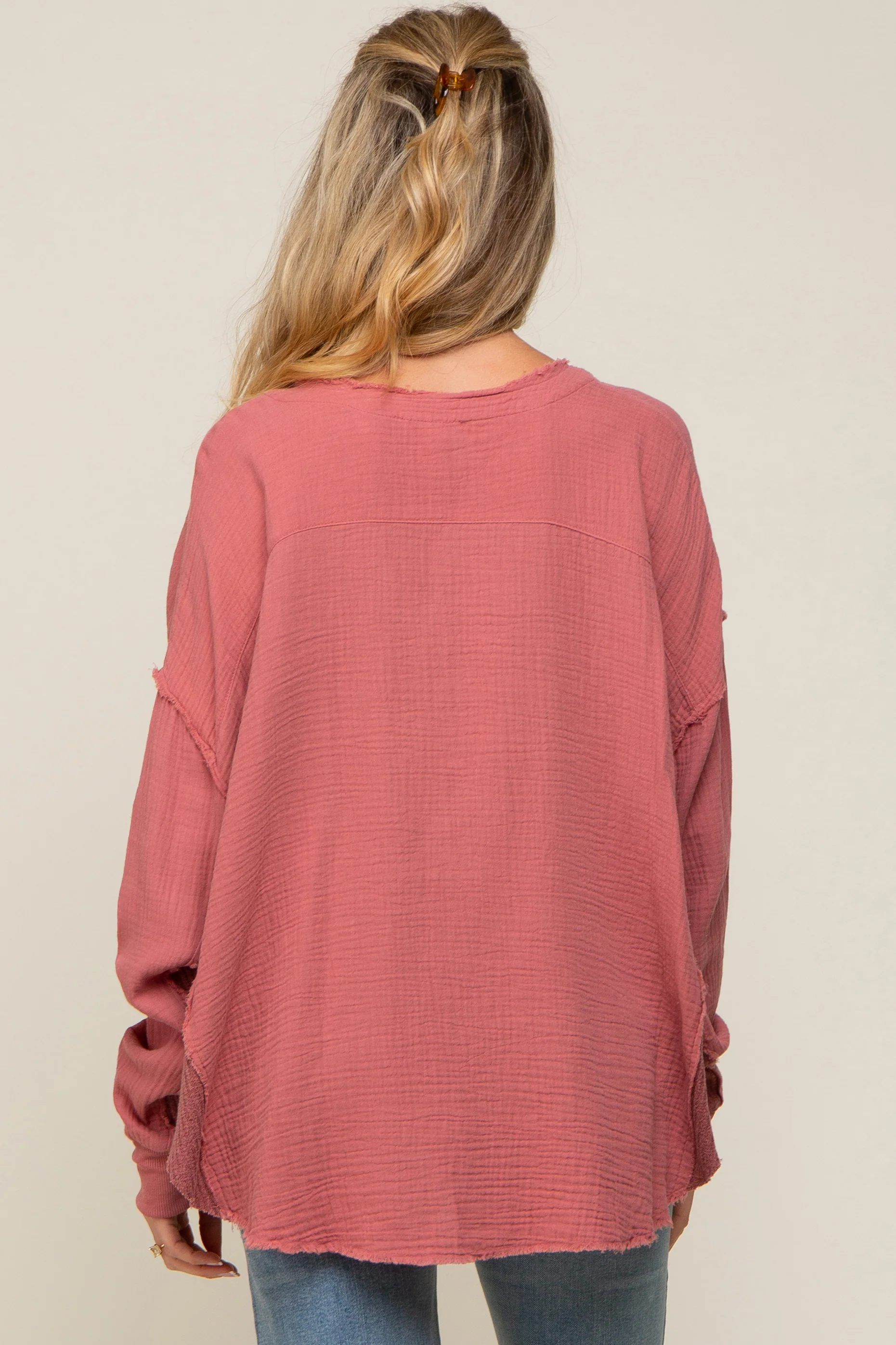 Mauve Front Button Drop Shoulder Long Sleeve Maternity Top - Image 3