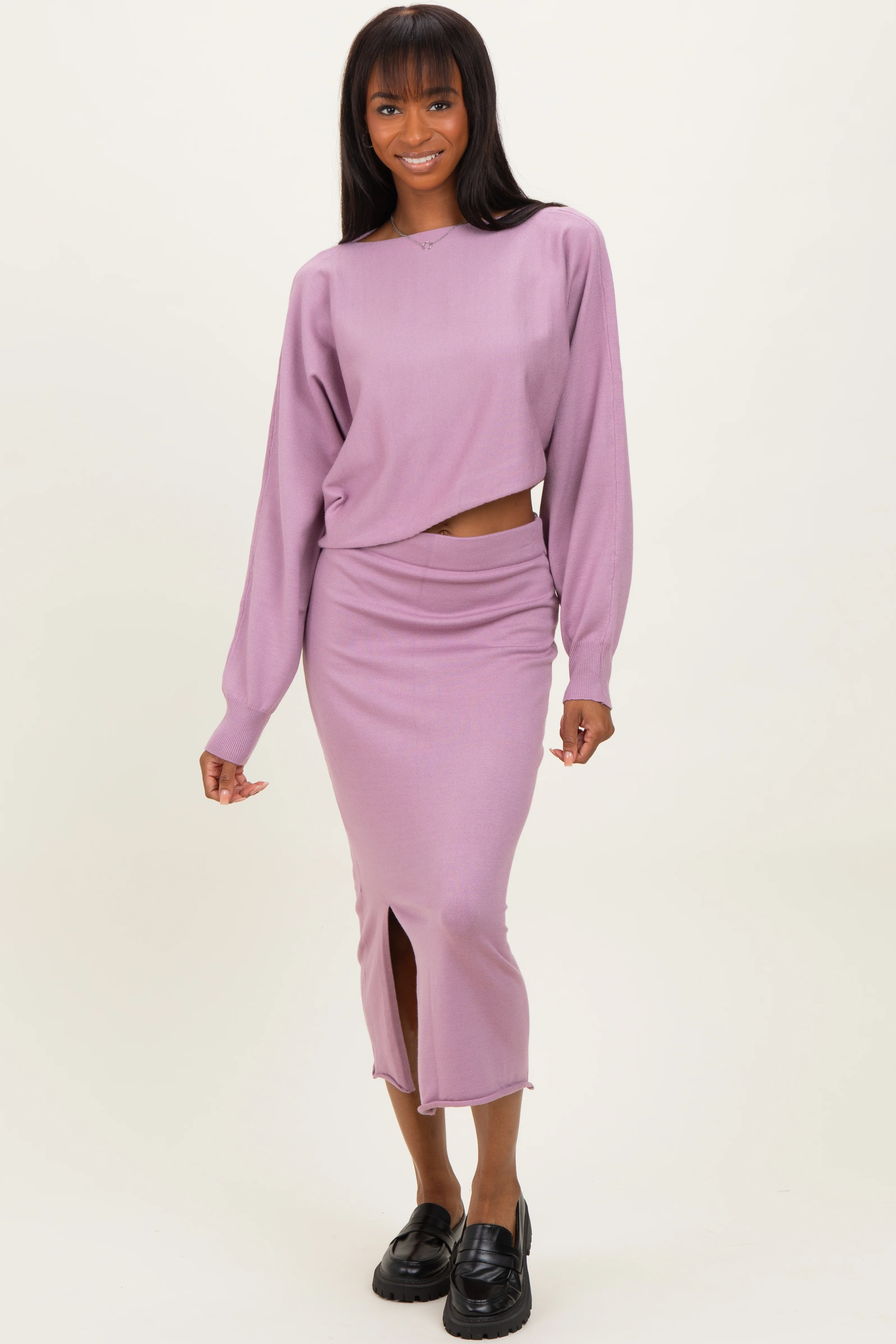 Mauve Knit Long Sleeve Crop Top Maternity Midi Skirt Set - Image 4