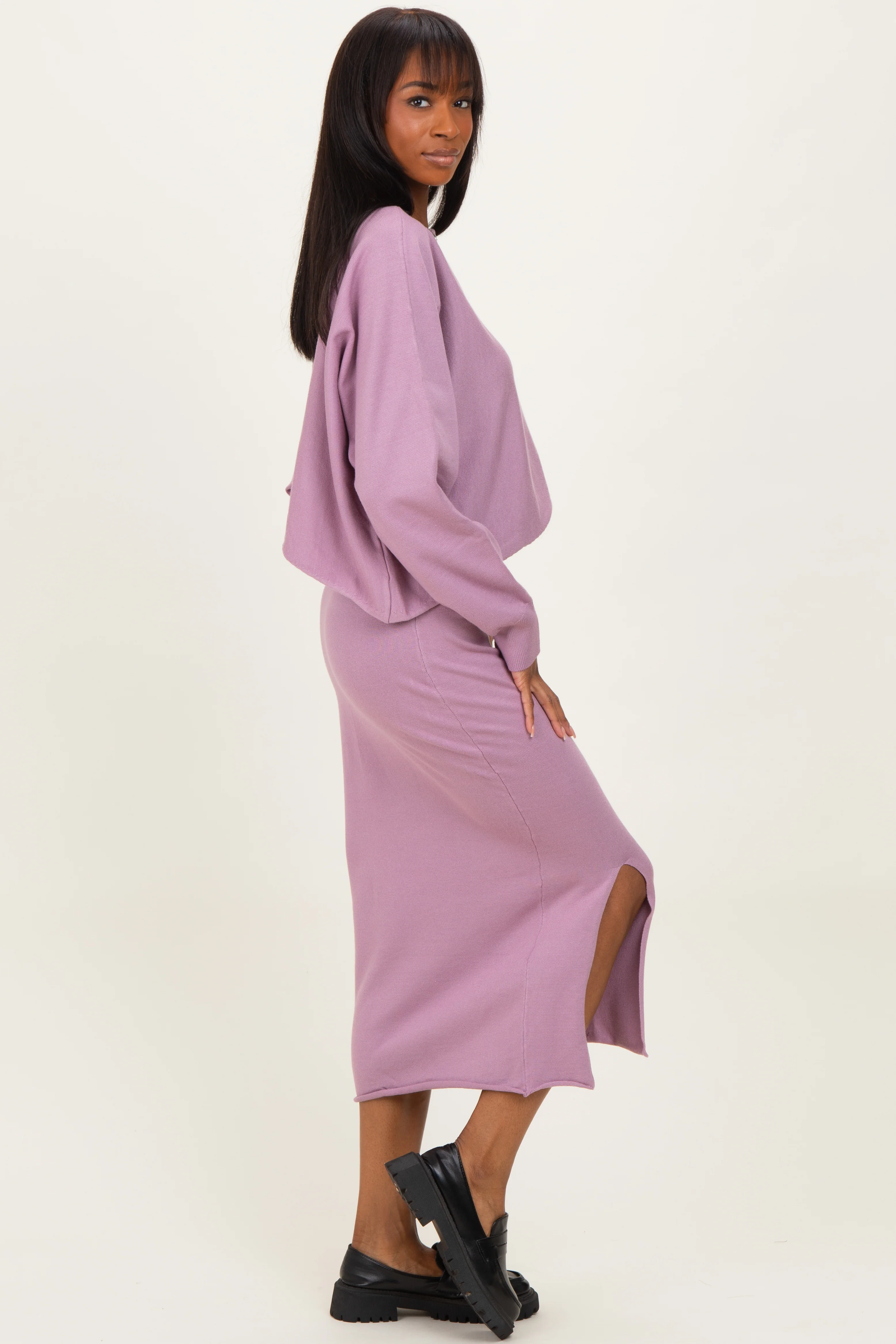 Mauve Knit Long Sleeve Crop Top Midi Skirt Set - Image 3