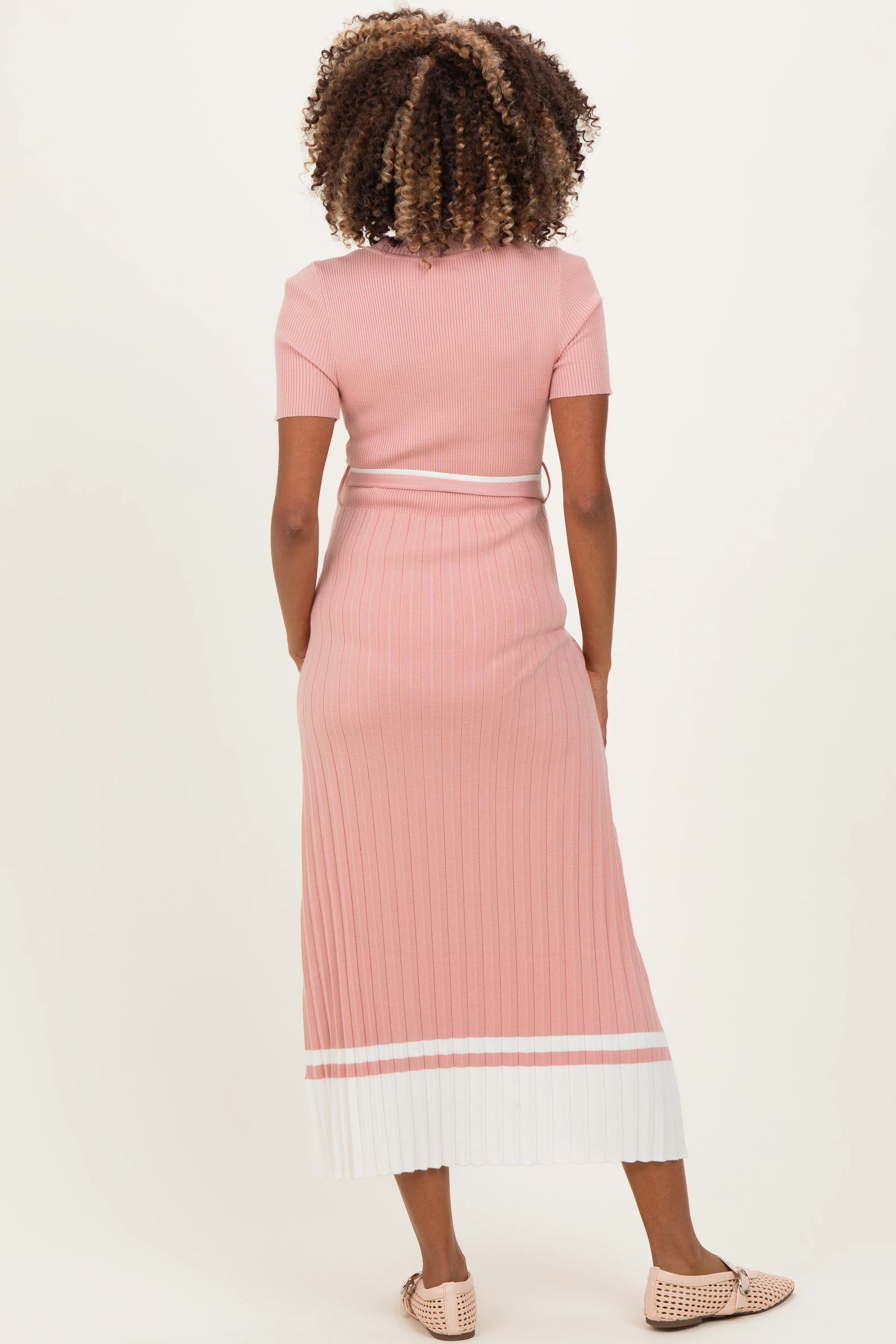 Mauve Knit Pleated Sash Tie Maternity Midi Dress - Image 3