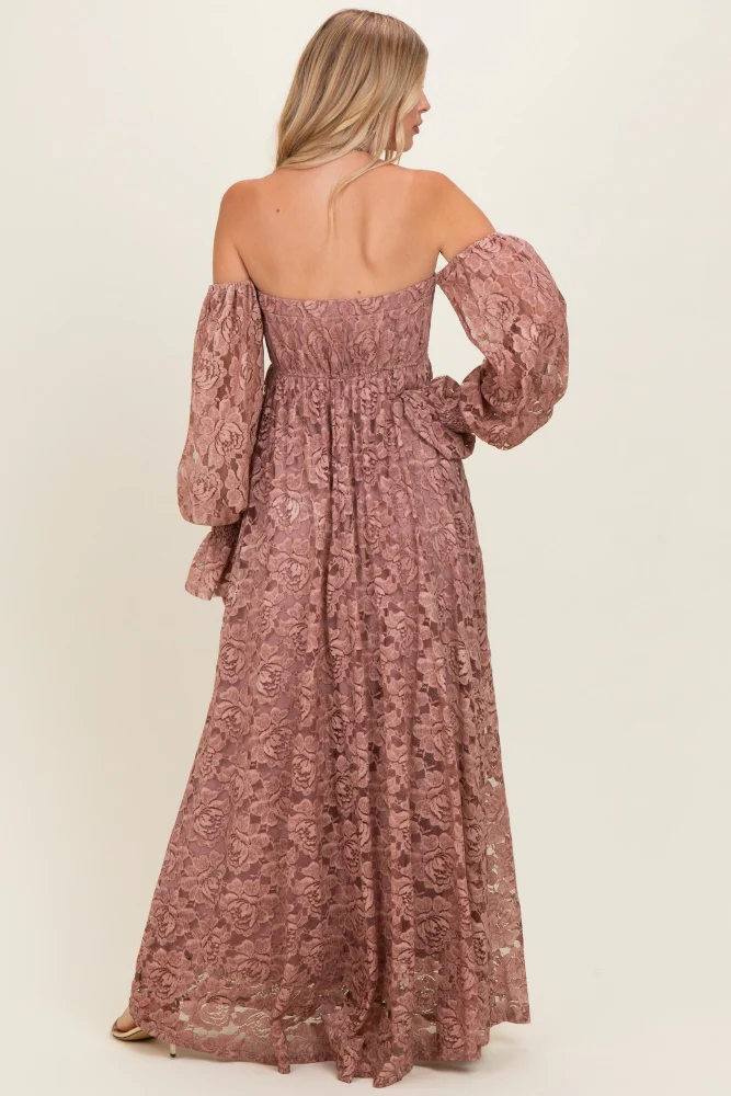 Mauve Lace Off Shoulder Long Sleeve Maxi Dress - Image 3
