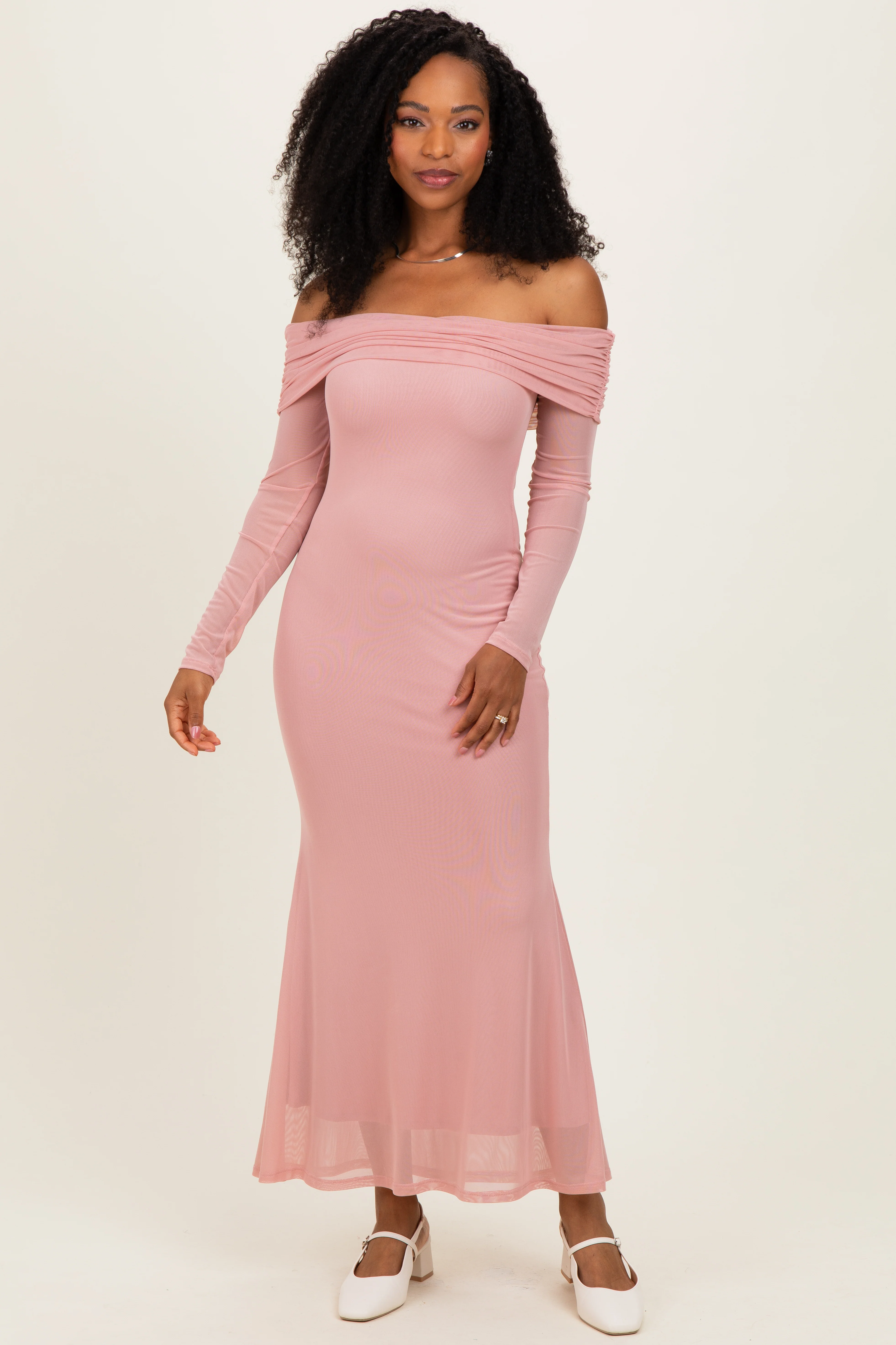 Mauve Mesh Overlay Off Shoulder Long Sleeve Maternity Midi Dress - Image 4