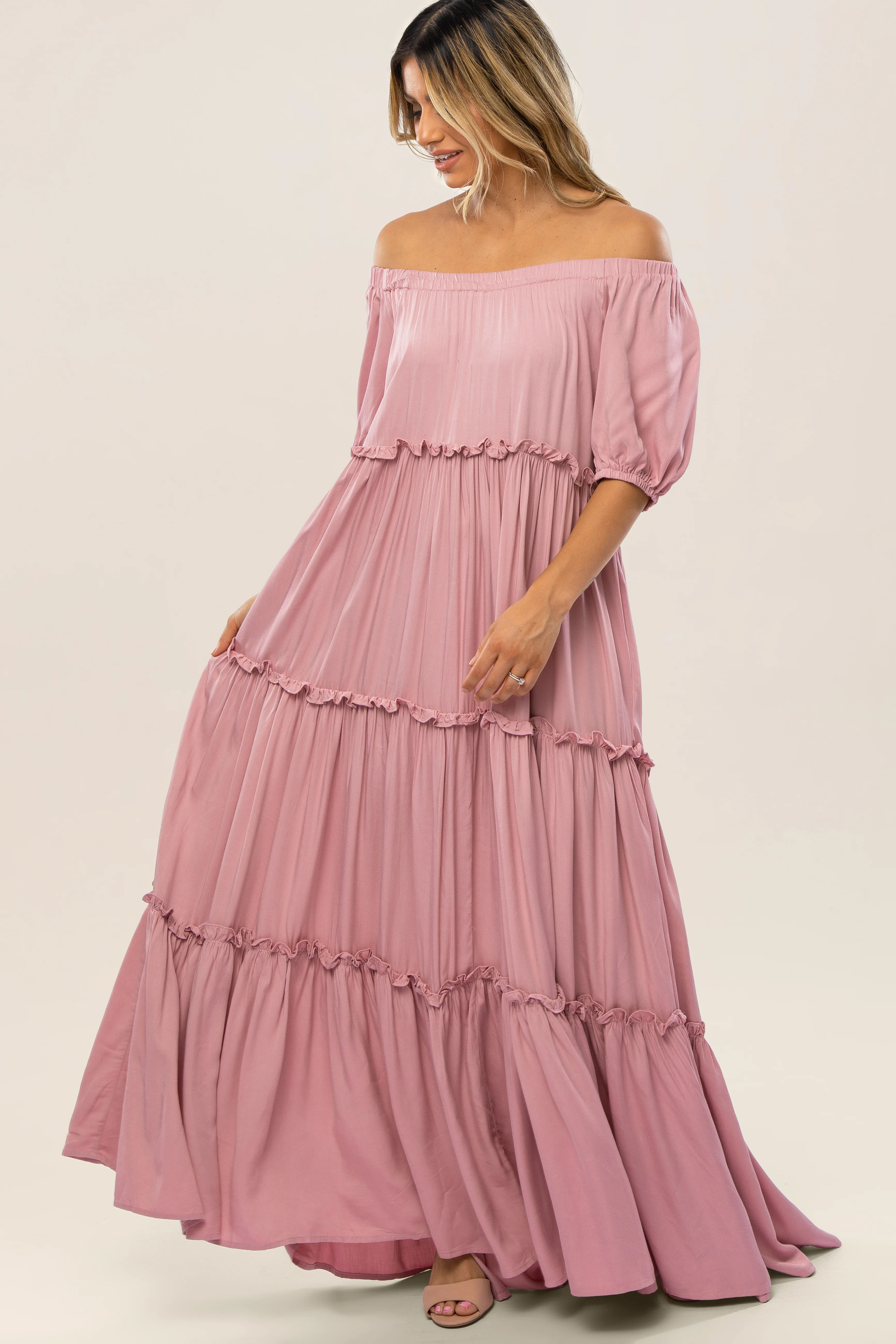 Mauve Off Shoulder Ruffle Tiered Maternity Maxi Dress - Image 10