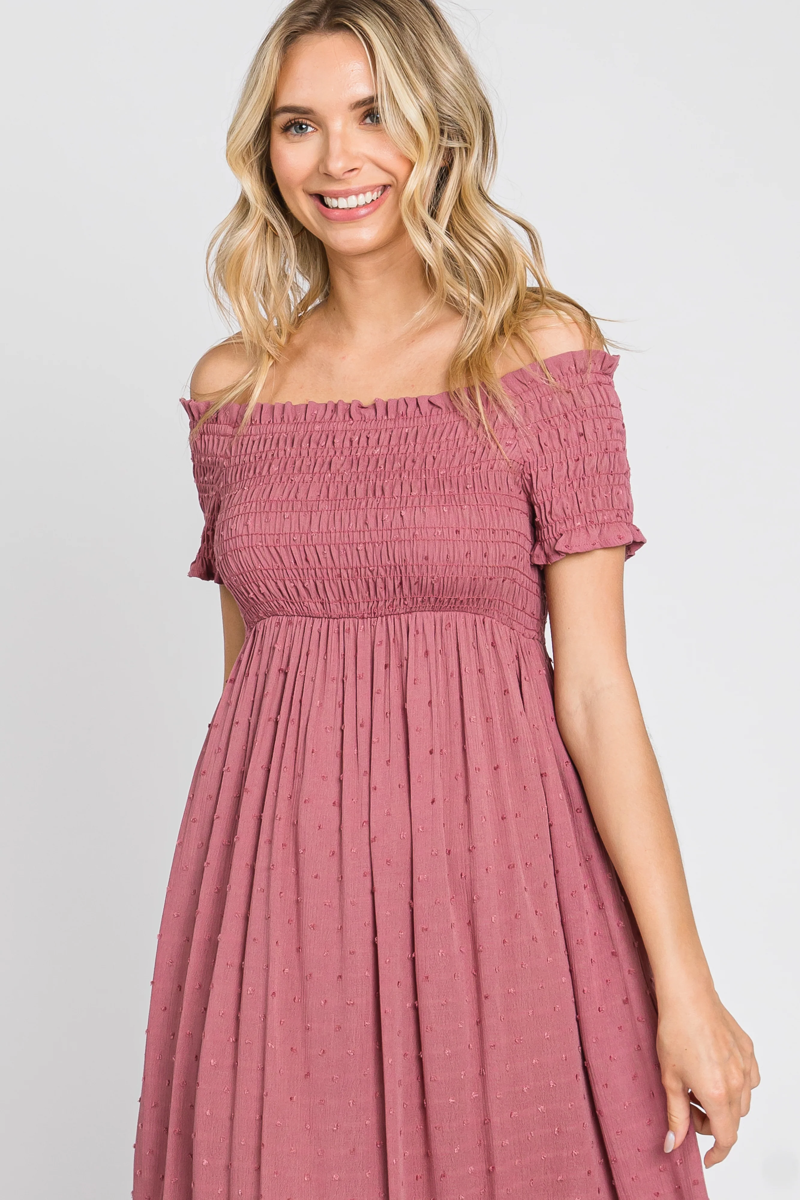Mauve Off Shoulder Smocked Midi Dress - Image 4
