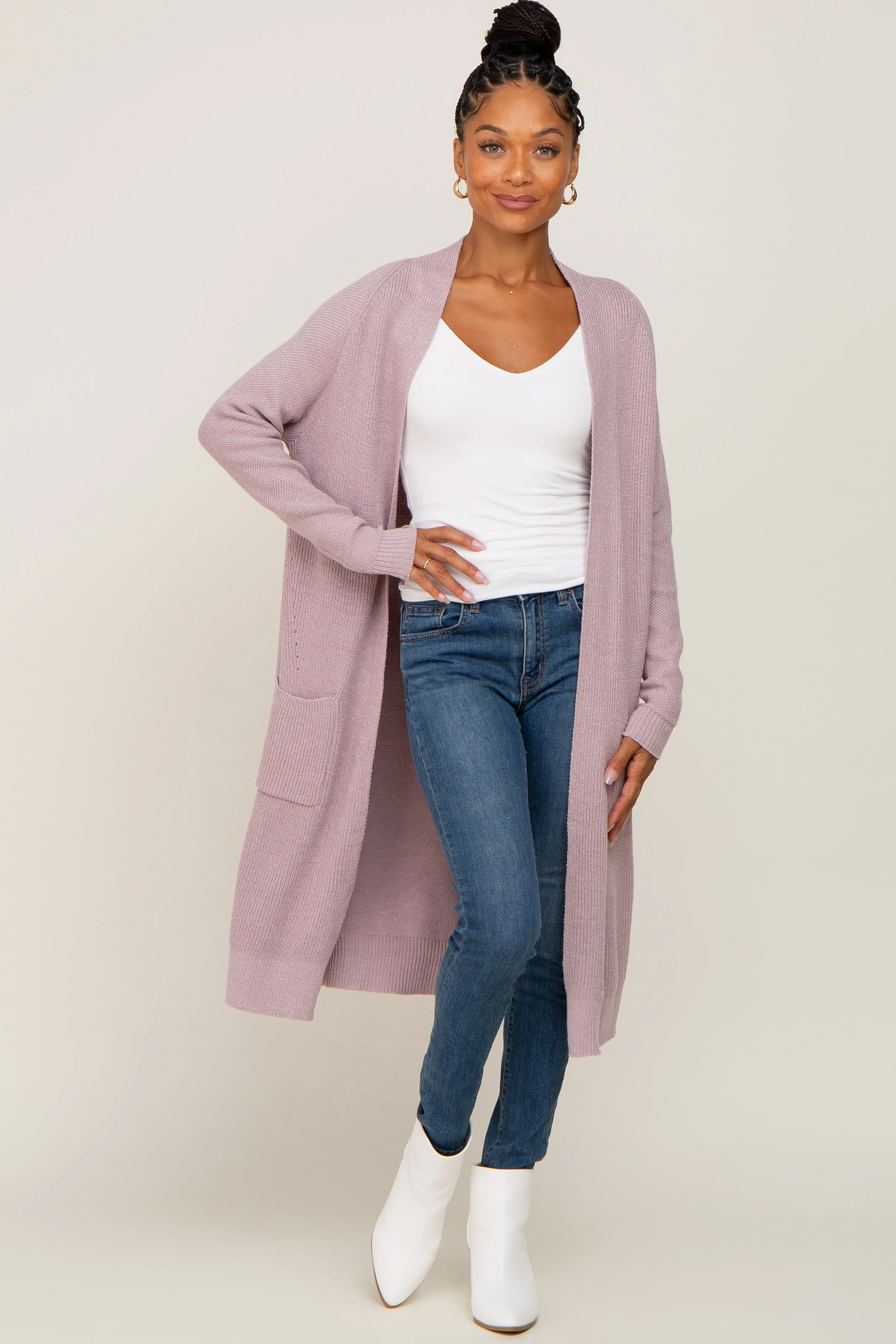 Mauve Open Front Long Cardigan - Image 4