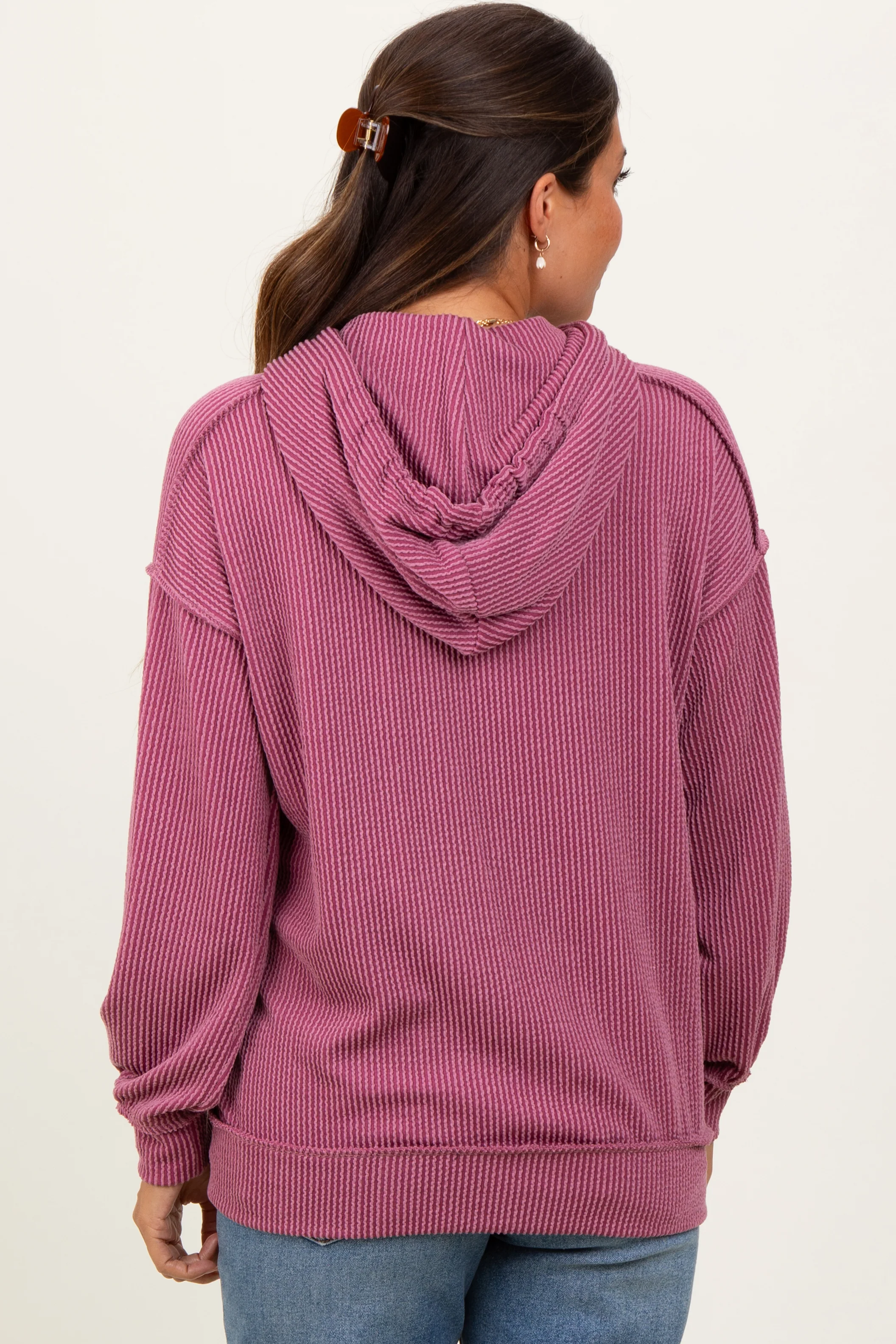 Mauve Ribbed Front Pocket Maternity Drawstring Hoodie - Image 4