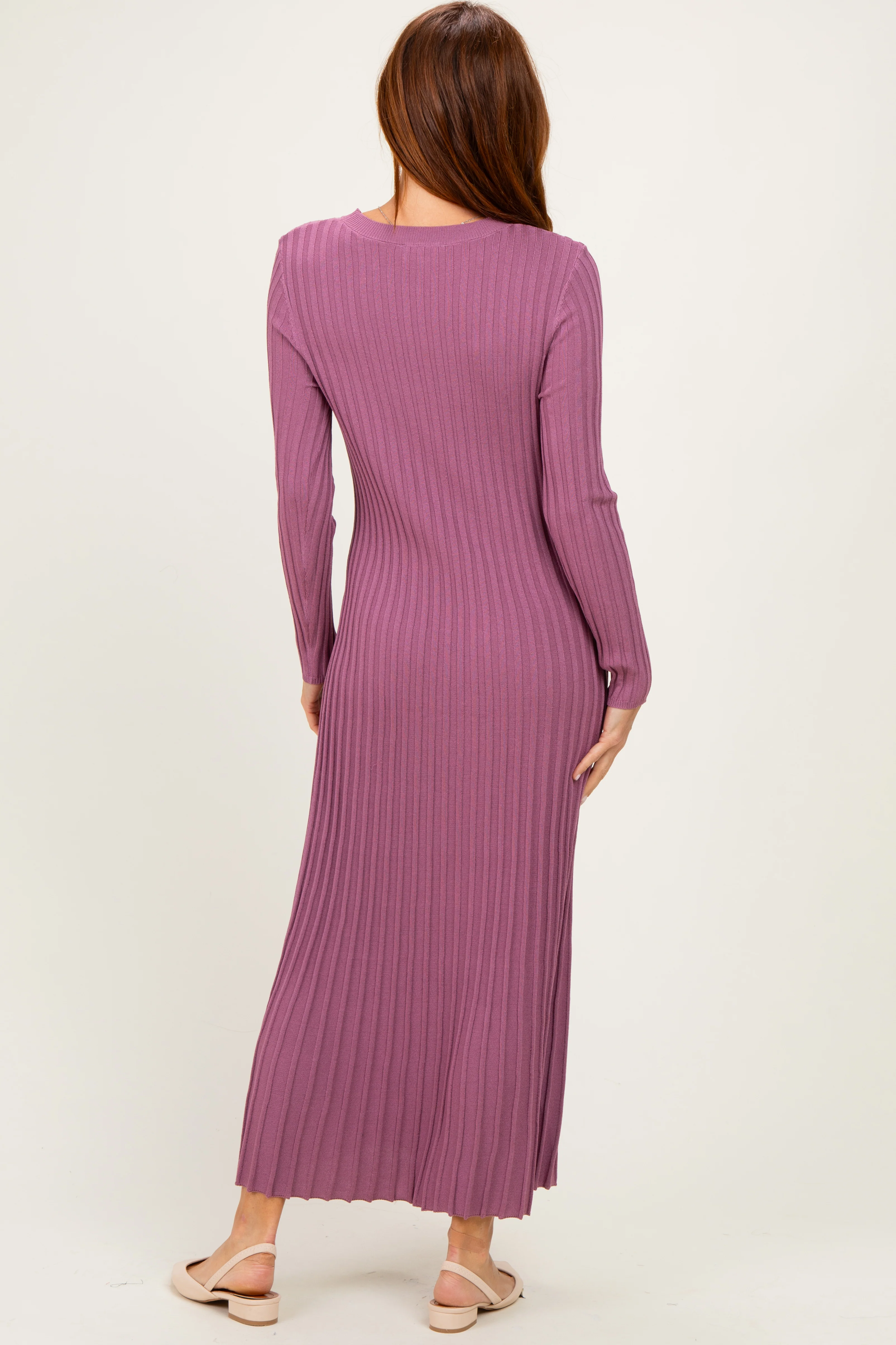 Mauve Ribbed Long Sleeve Sweater Midi Dress - Image 3
