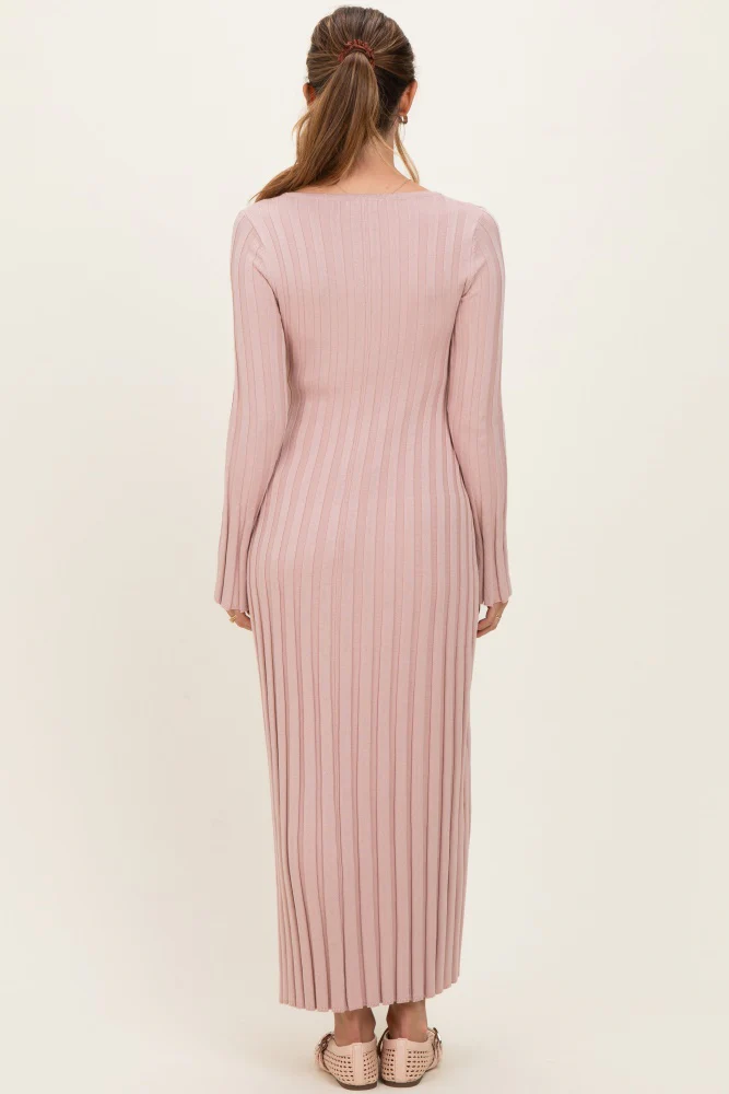 Mauve Ribbed Maternity Knit Maxi Dress - Image 3