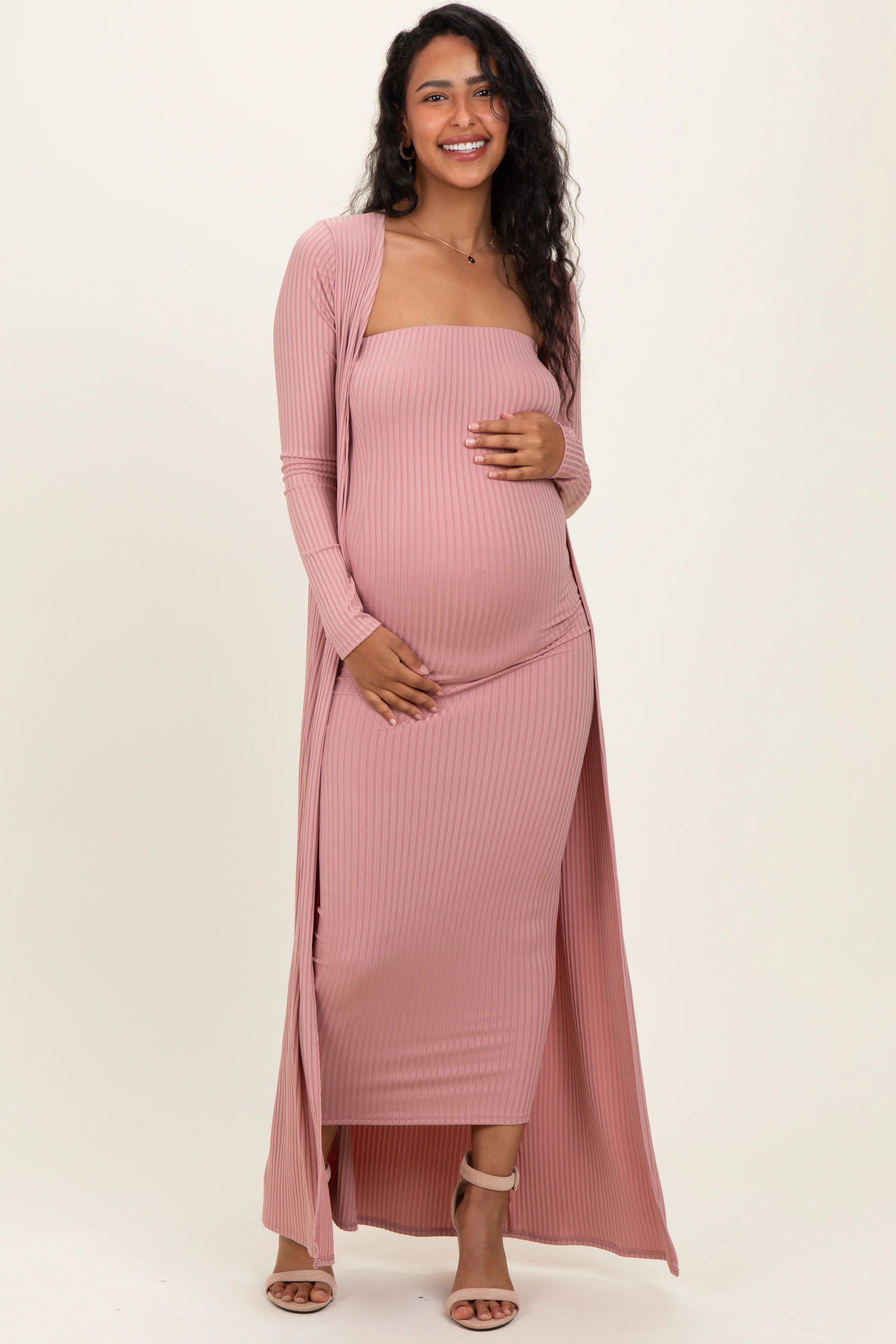 Mauve Ribbed Sleeveless Dress Cardigan Maternity Set - Image 2