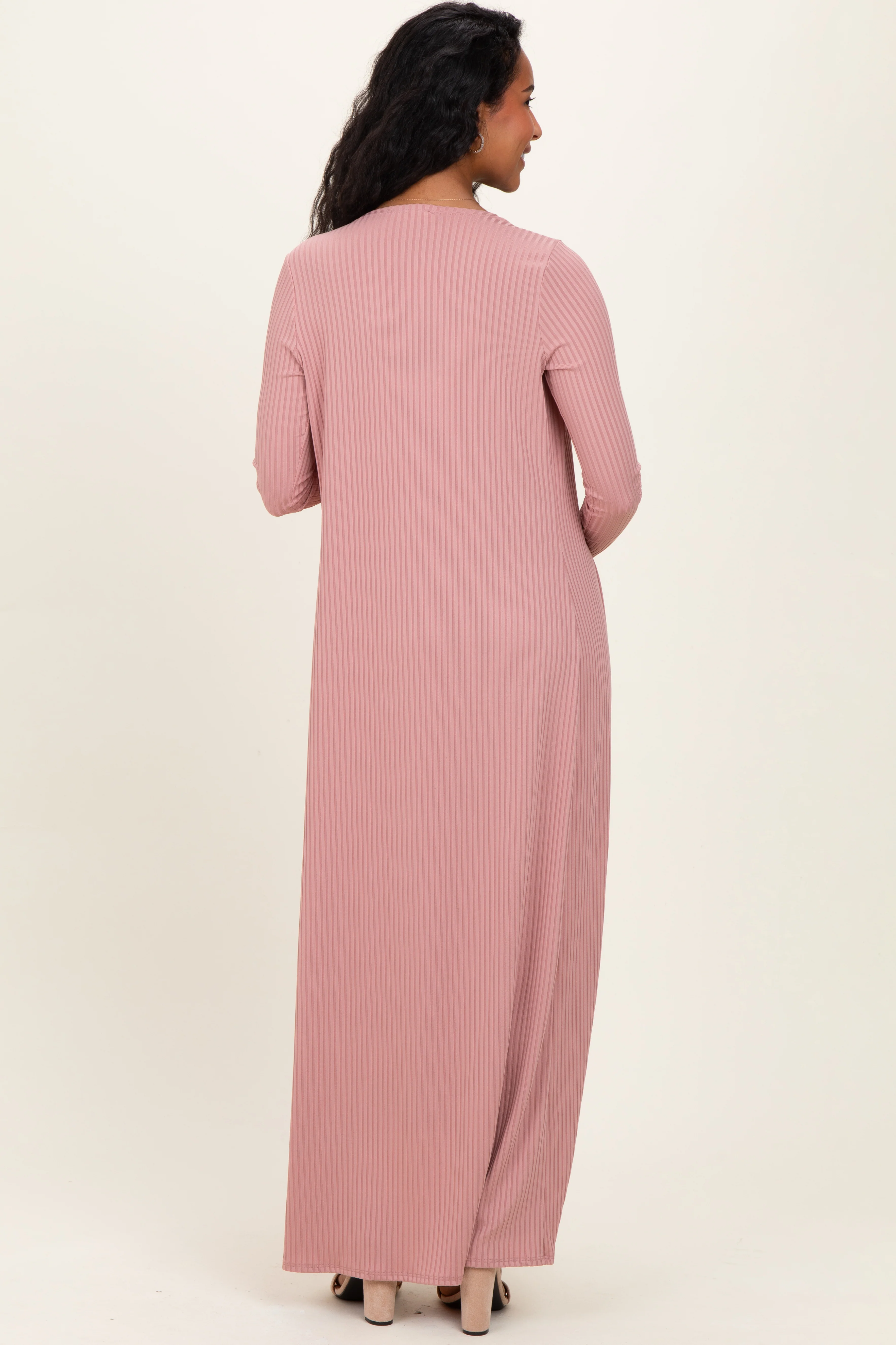 Mauve Ribbed Sleeveless Dress Cardigan Maternity Set - Image 4