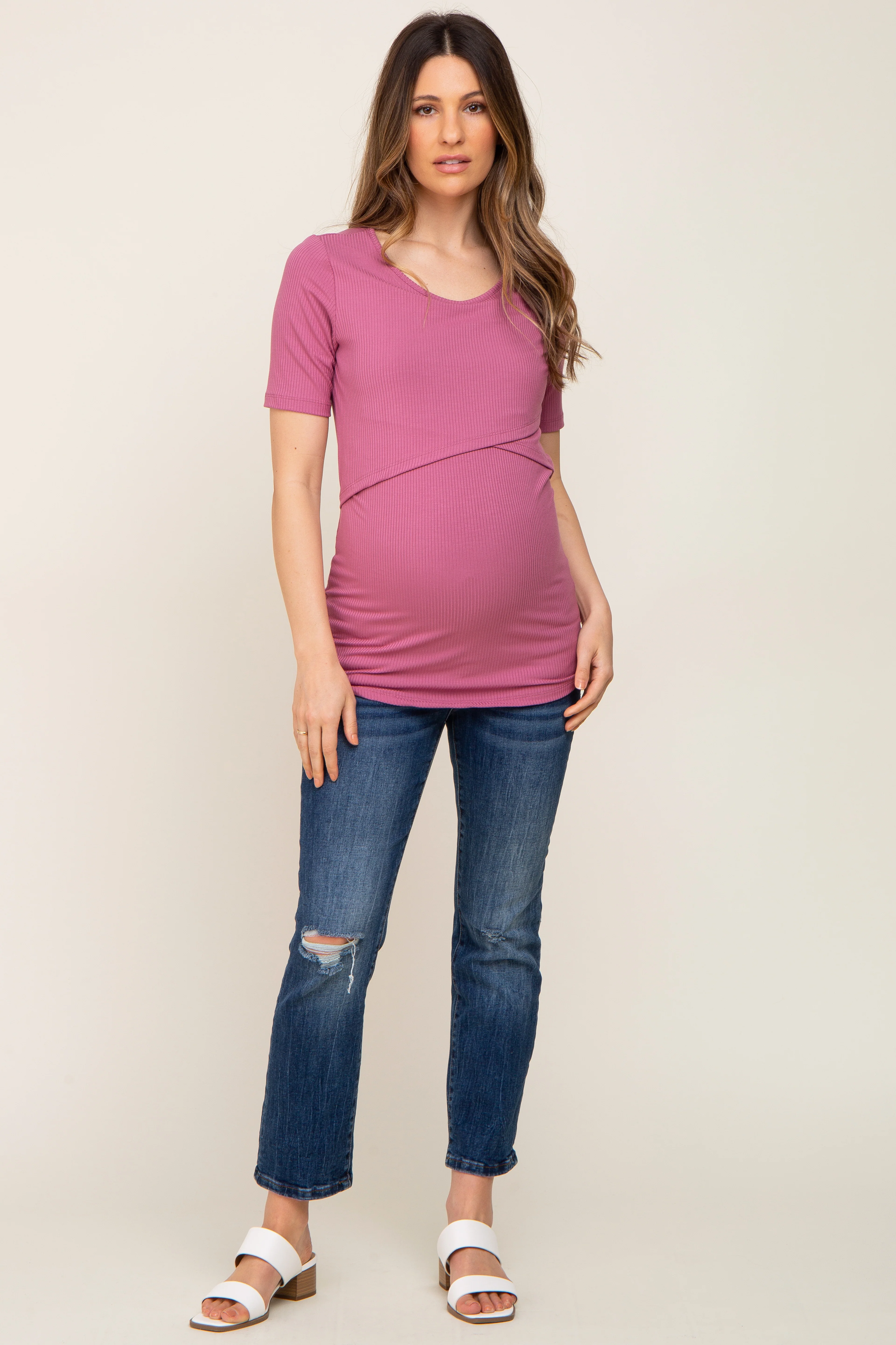 Mauve Ribbed Wrap Front Maternity/Nursing Top - Image 5