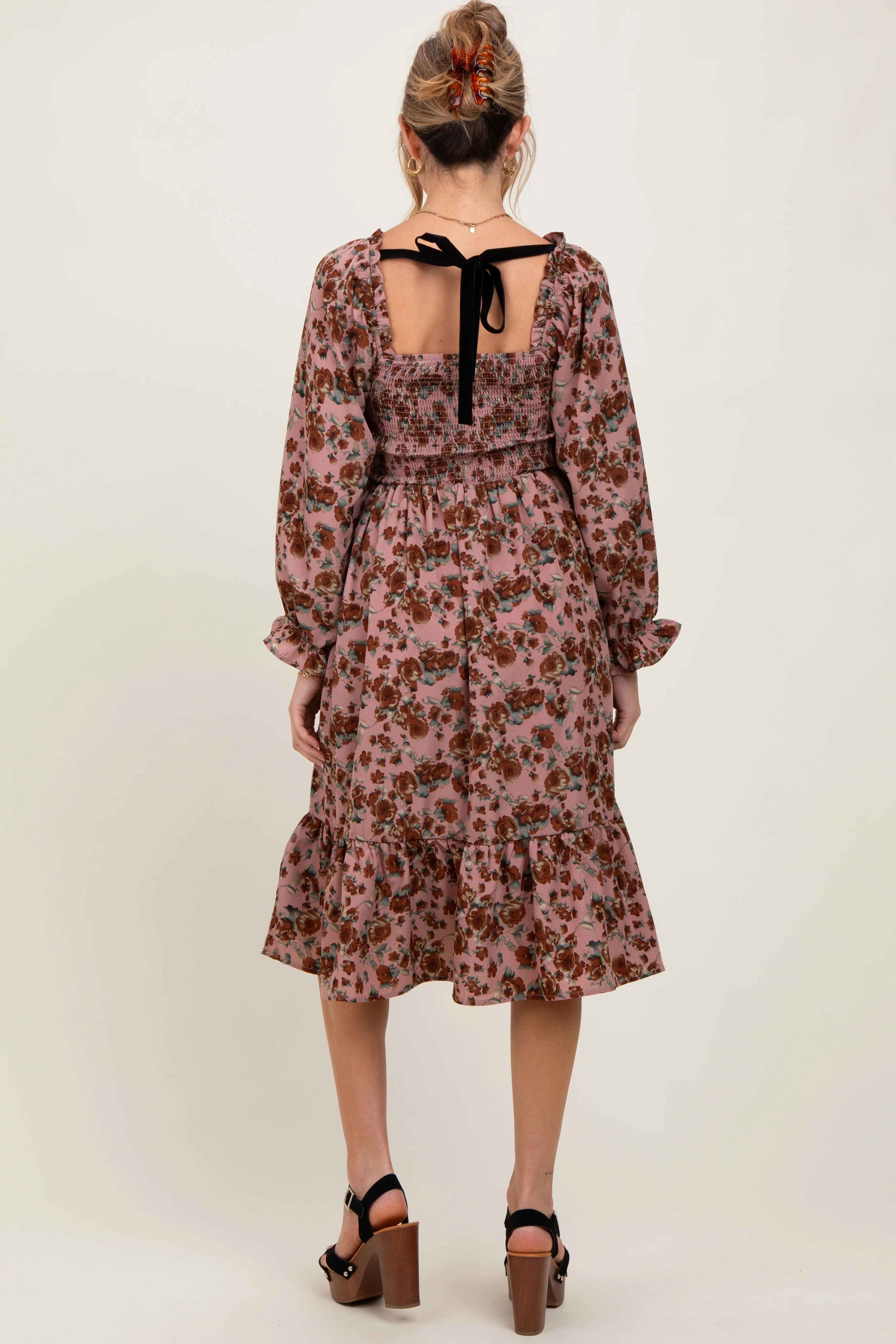 Mauve Rose Smocked Velvet Bow Tie Maternity Midi Dress - Image 3