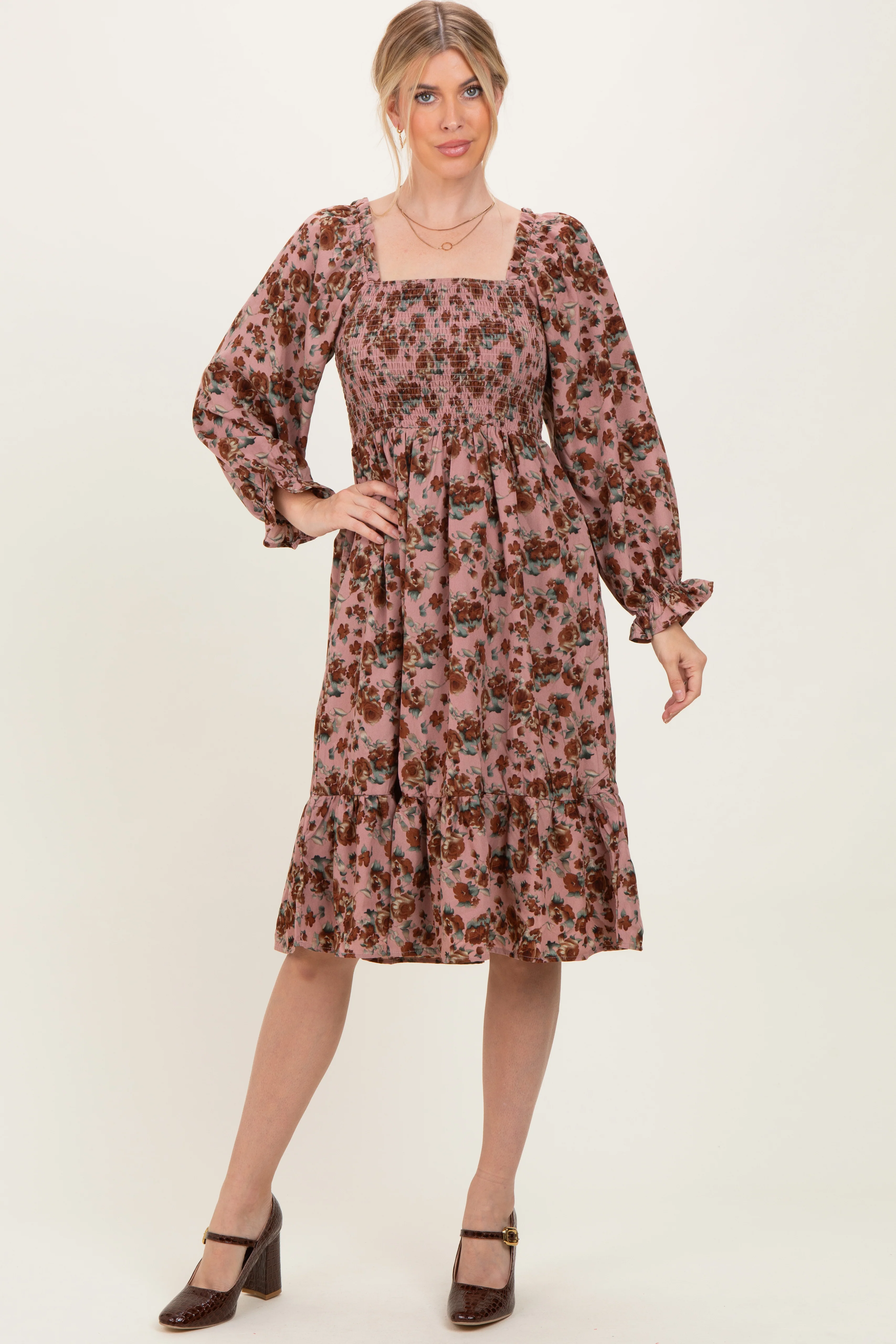 Mauve Rose Smocked Velvet Bow Tie Maternity Midi Dress - Image 4