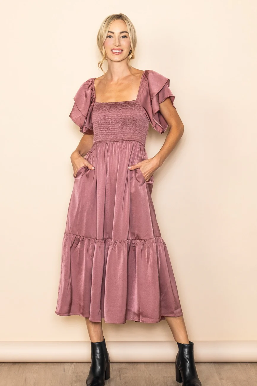 Mauve Satin Flutter Sleeve Maternity Midi Dress - Image 7