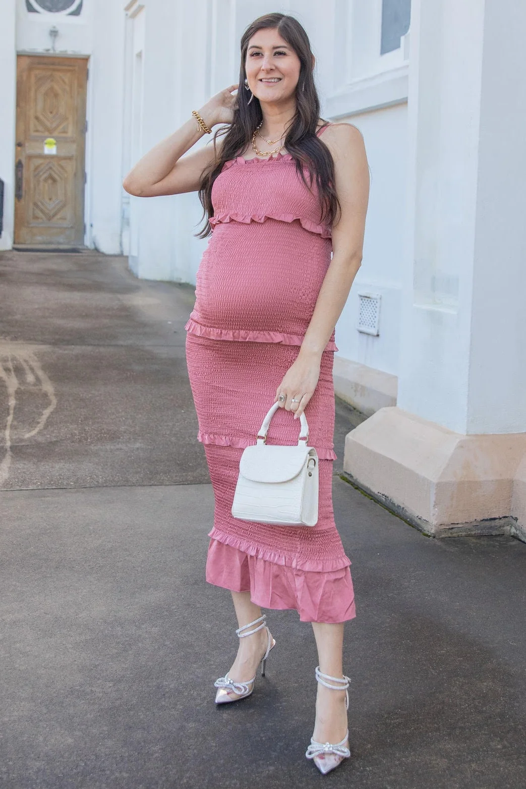Mauve Satin Smocked Fitted Maternity Midi Dress - Image 17