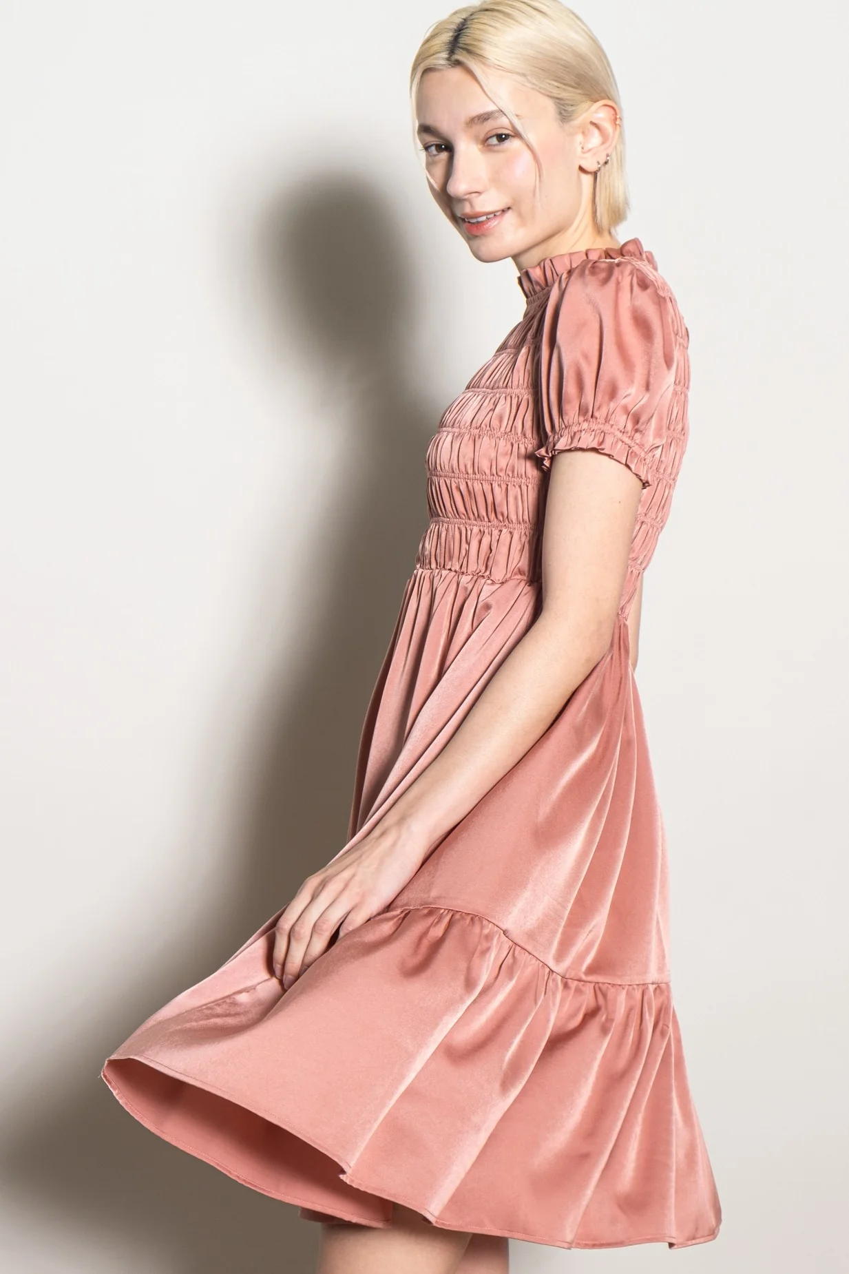 Mauve Satin Smocked Mock Neck Dress - Image 3